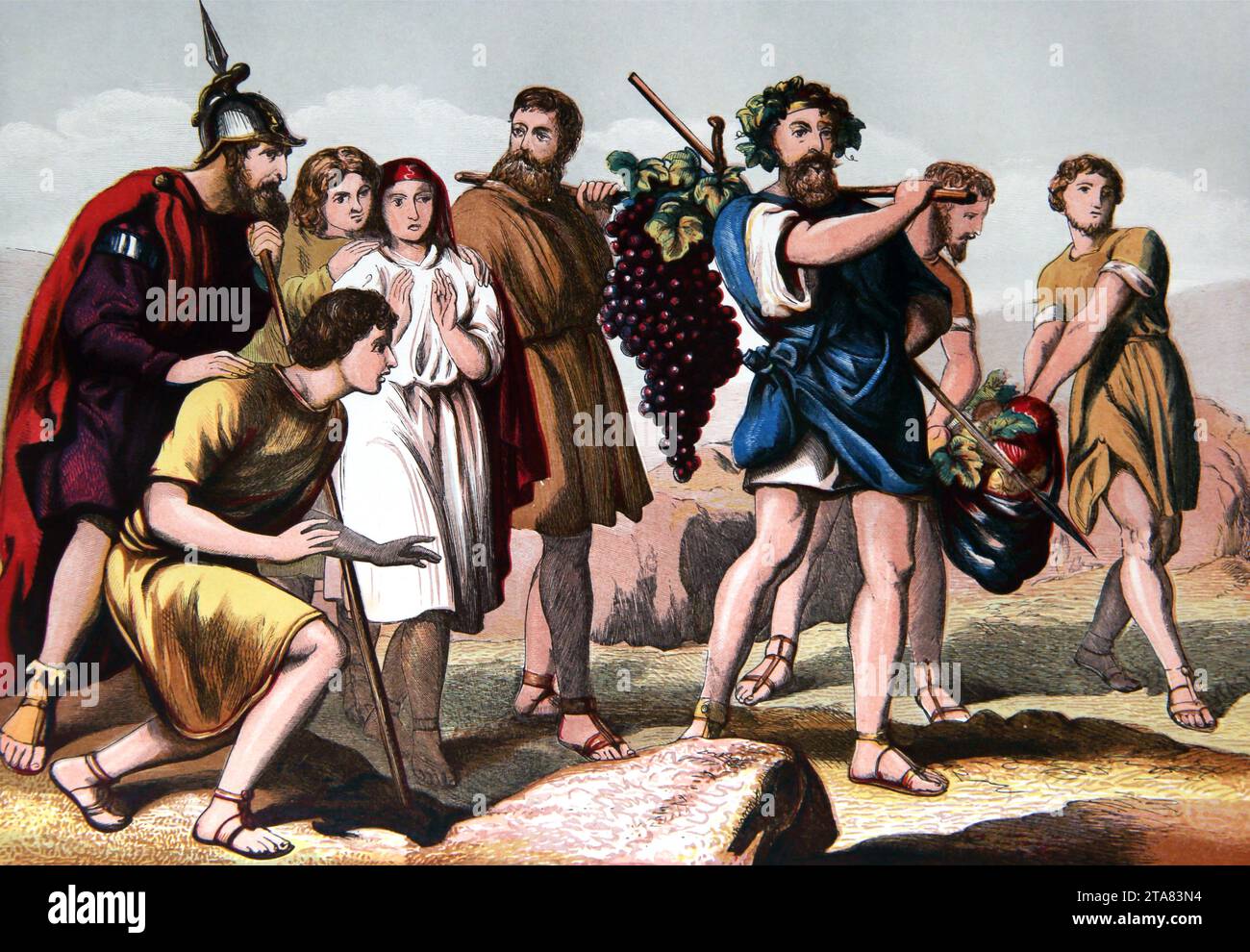 Illustration of the Return of the Spies (Book of Numbers) Moses sent 12 Israelite Chieftans to Scout out the Land of Canaan and return with local Prod Stock Photo