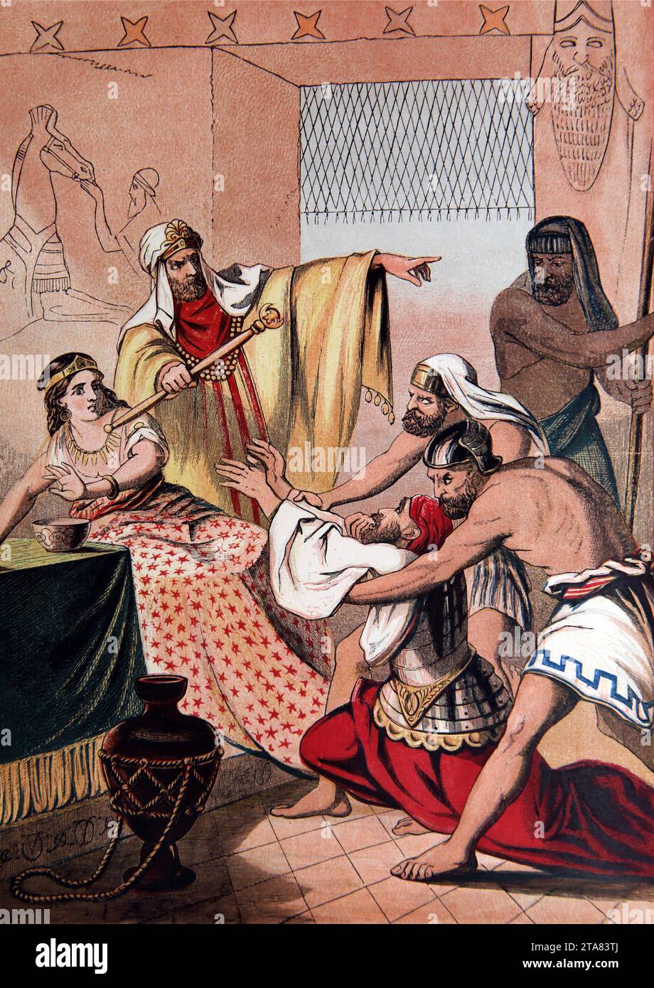 Illustration of Haman Condemned to be Hanged by King Ahasuerus with Queen Esther at his Side (Esther) Old Testament from The Altar of the Household Stock Photo