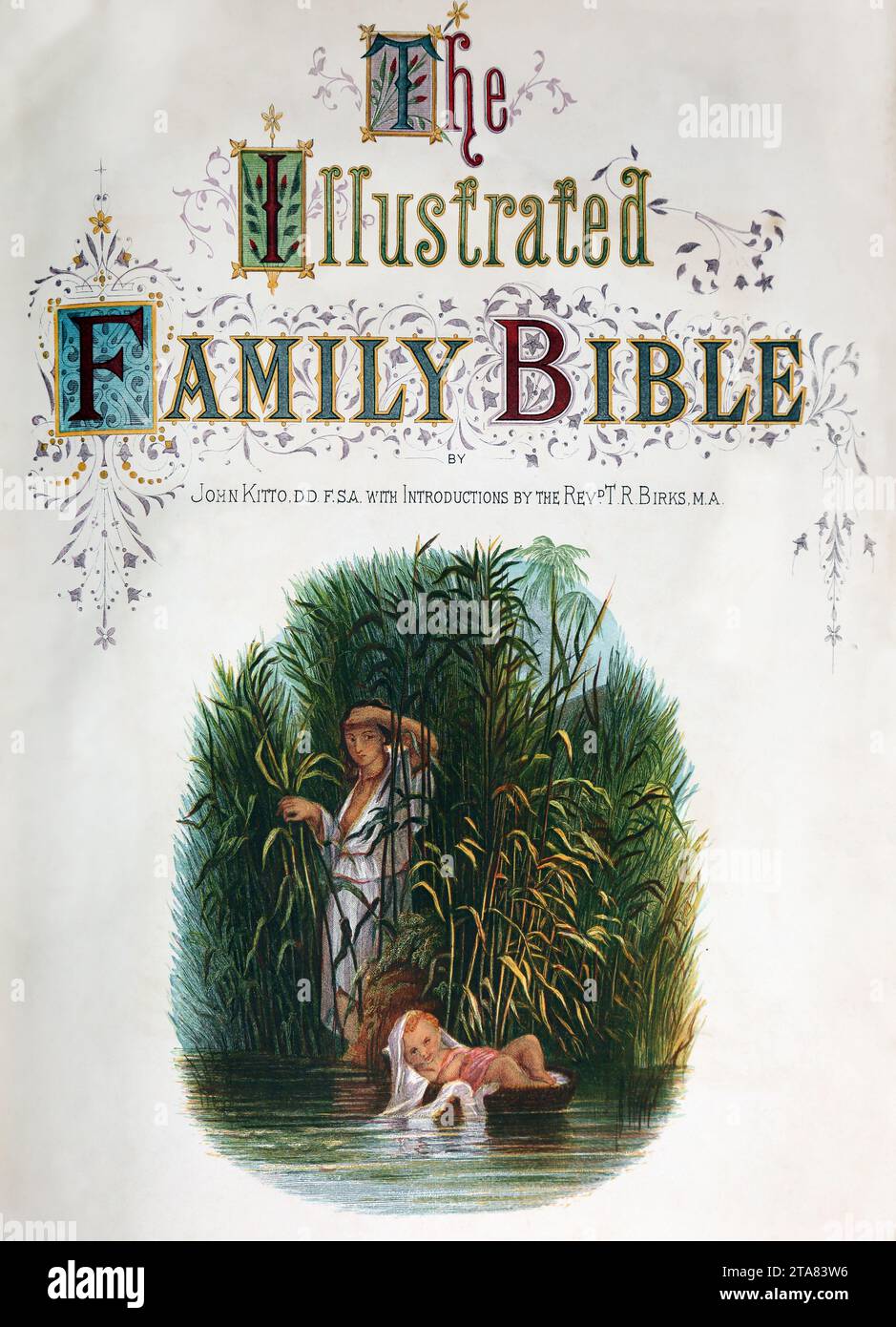Front cover of Antique Bible - The Illustrated Family Bible with illustration of  Baby Moses Found By The Pharoah's Daughter In The Bulrushes Stock Photo