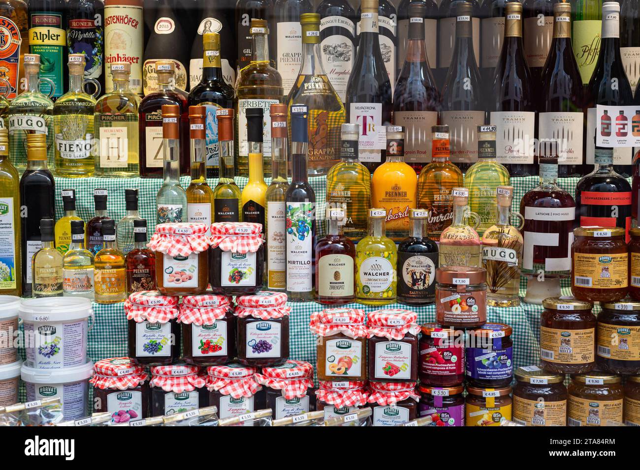 Shop window displaying local products of South Tyrol, Italy Stock Photo