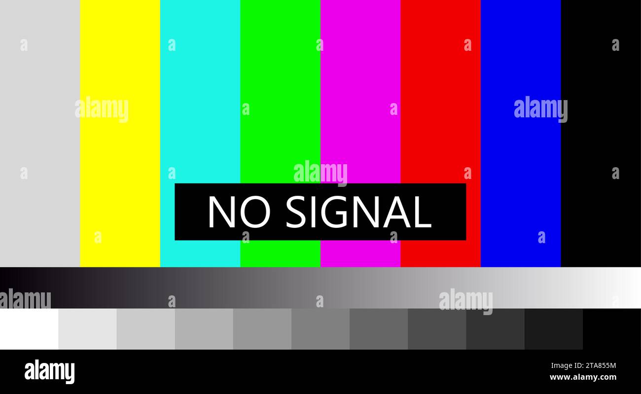 No TV signal. Not getting a signal symbol, screen displays color bars pattern error message, problem with the connection. 4k, full hd resolutions. Stock Vector