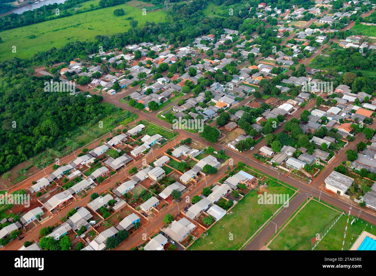 Aerial view of a small village in the Brazilian jungle. Stock Photo
