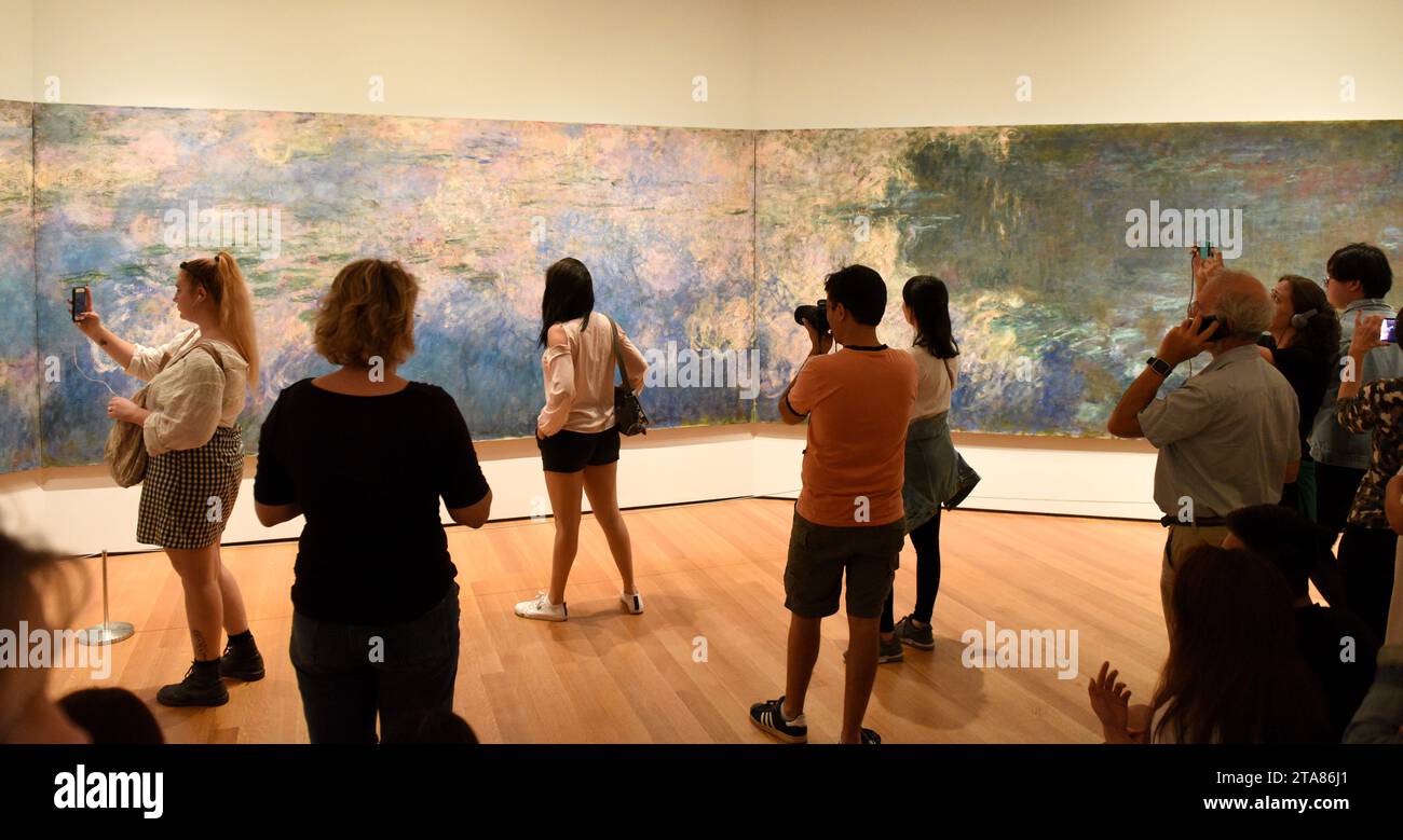 New York, USA - May 25, 2018: A visitors looks at the Claude Monet Water Lilies painting in Museum of Modern Art in New York City. Stock Photo