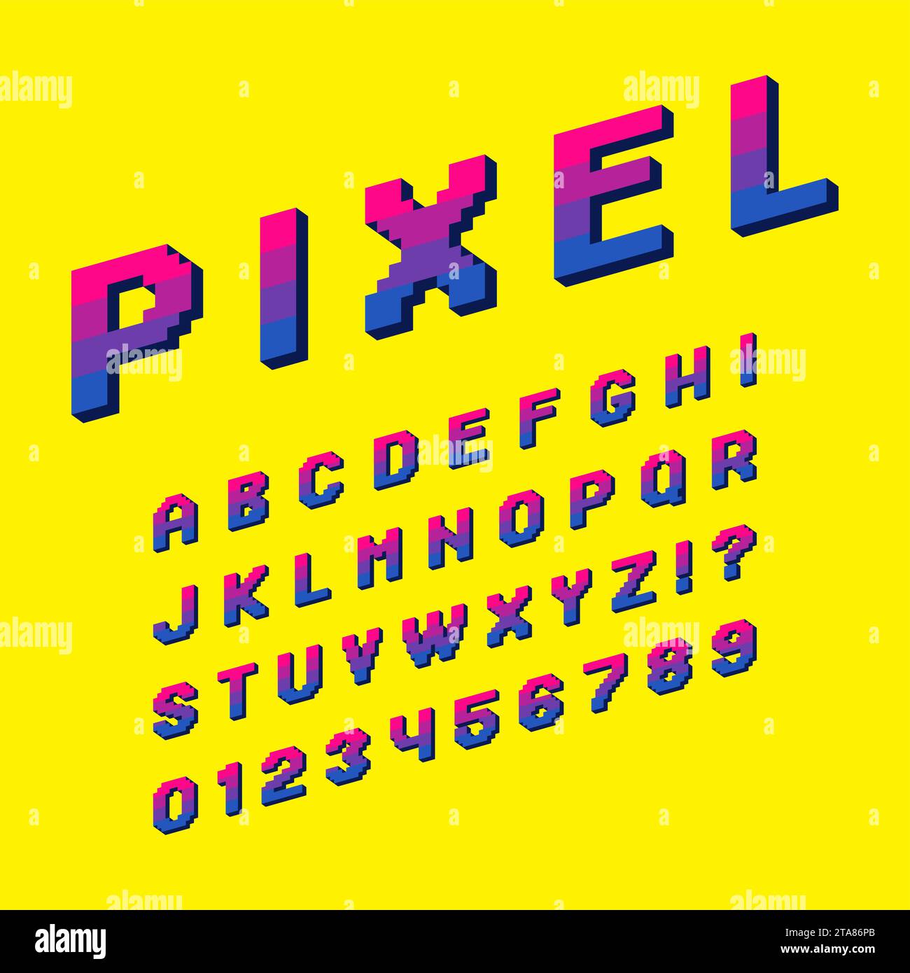 Pixel alphabet font letters and numbers set video computer game in retro 8 bit style. Modern stylish font or typeface for headline or headline design Stock Vector