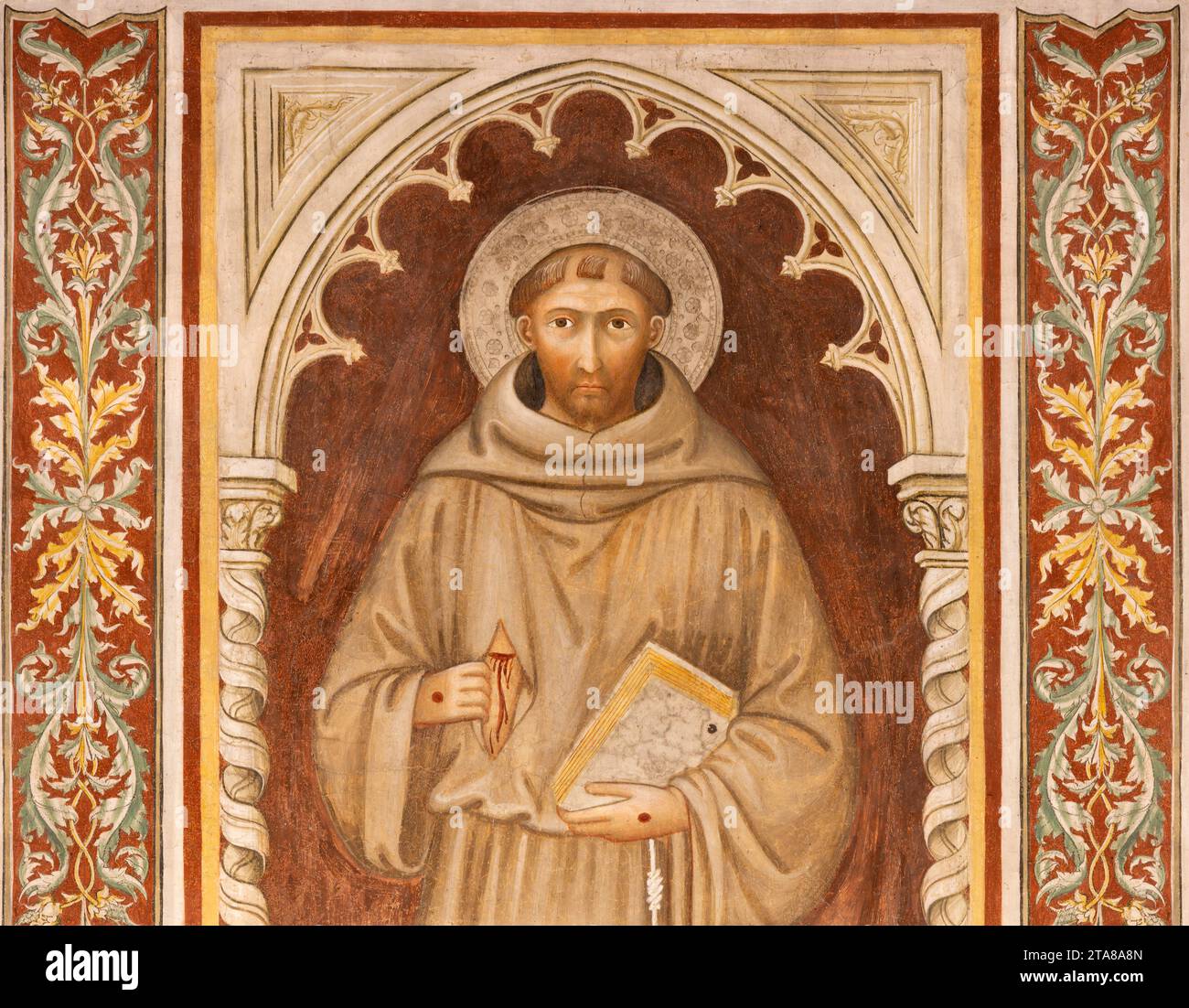 TREVISO, ITALY - NOVEMBER 4, 2023: The fresco of St. Francis of Assisi with his stigmatization in the church Chiesa di San Francesco from 14. cent. Stock Photo