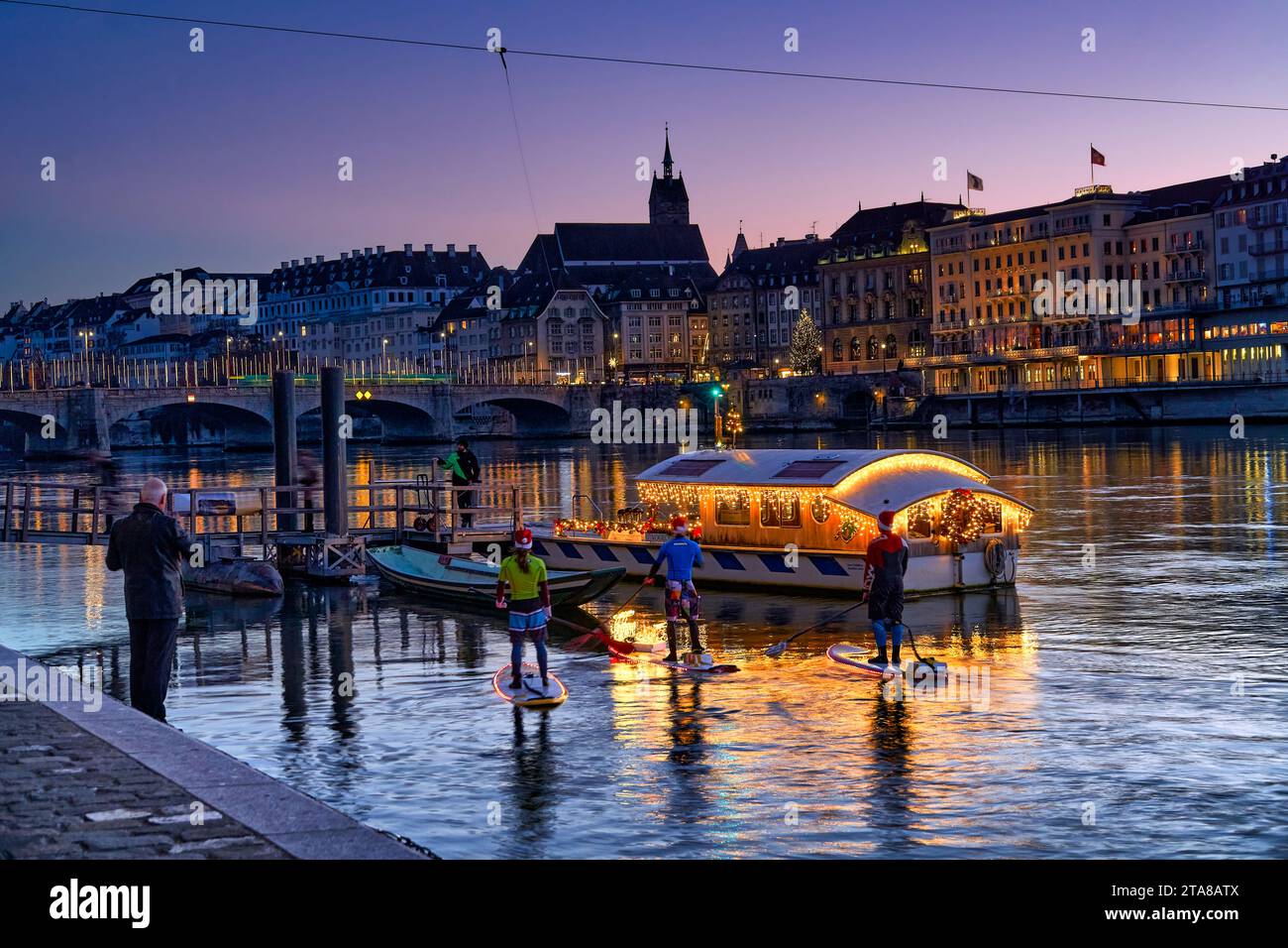 Switzerland, Basel, Baselstadt, Advent, ferry, ferry, city of Basel, Rhine, Christmas, Christmas lights, Klingental-Fähre «Vogel Gryff» Stock Photo