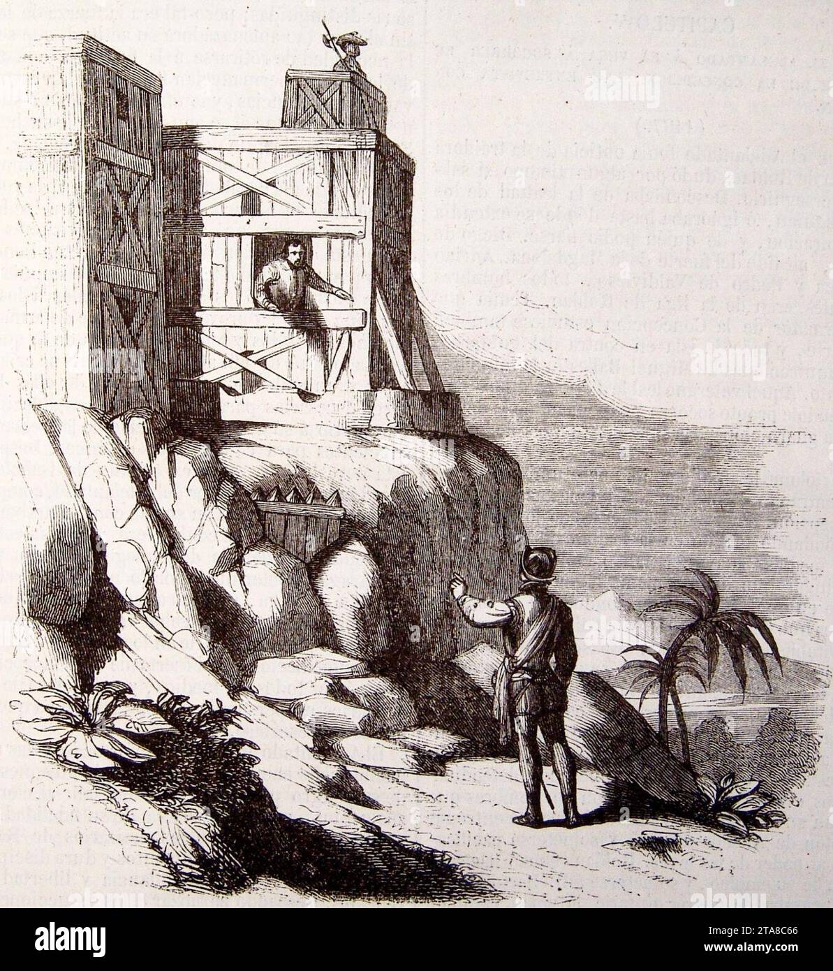 Vida y viajes de Cristobal Colón, 1851 Entrevista del Adelantado y Roldán en el fuerte de la Concepción (3819532971). Stock Photo