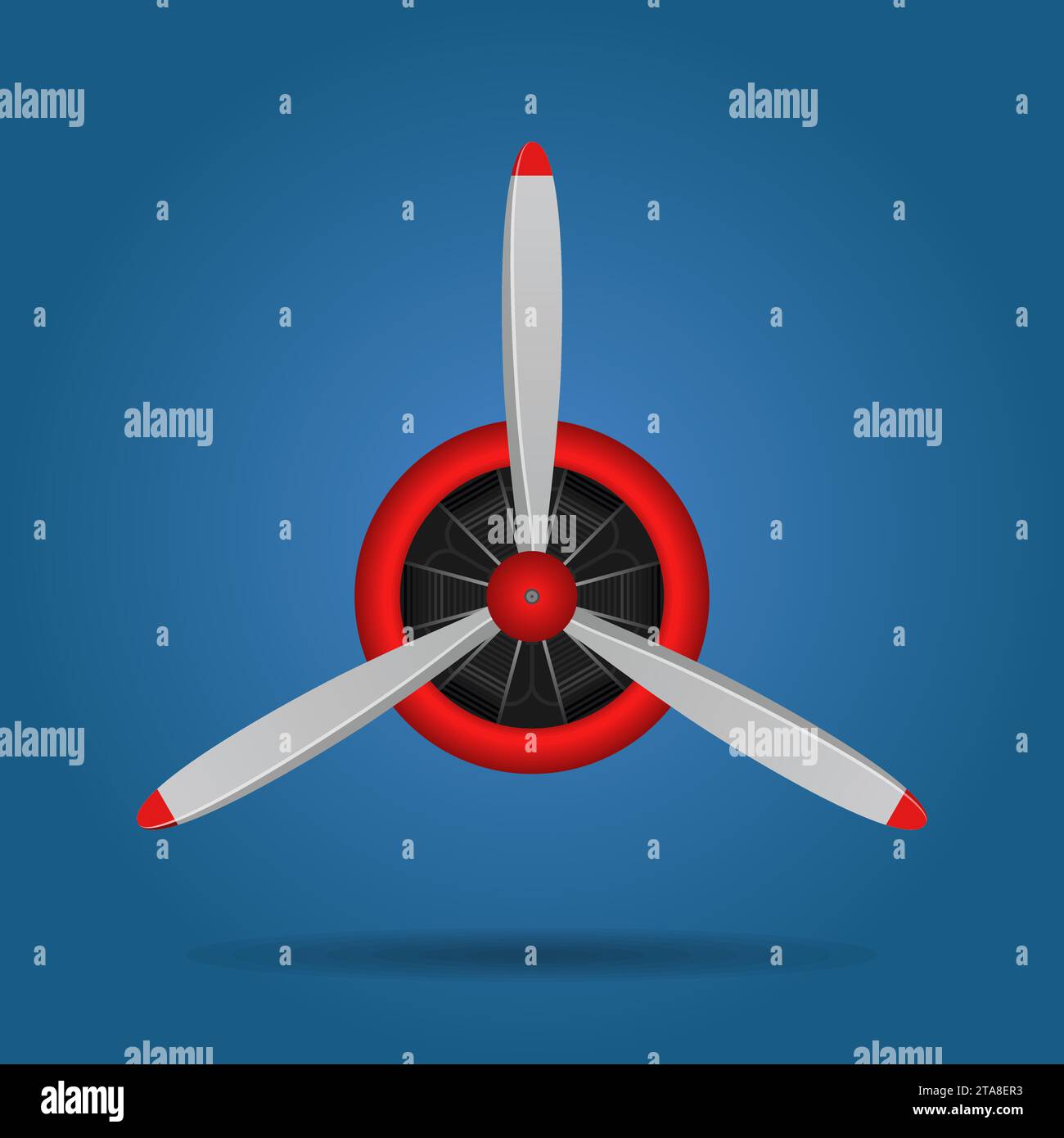 Plane blade propeller isolated on blue background. Vintage airplane propeller with radial engine. Turbine icon, fan blade, wind ventilator, equipment Stock Vector