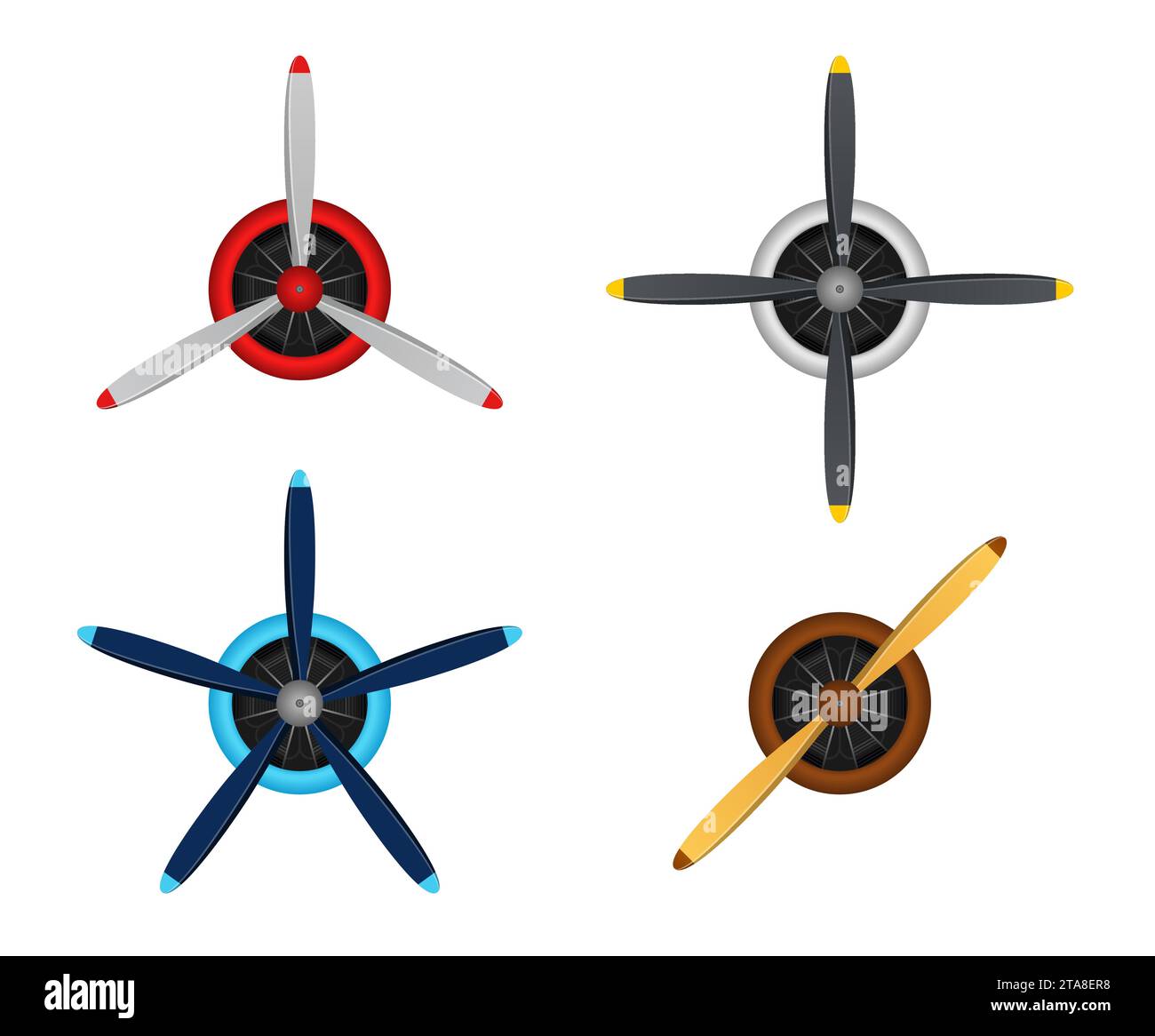Plane blade propeller set isolated on white background. Vintage airplane propeller icons with radial engine. Turbines icons, fan blade Stock Vector