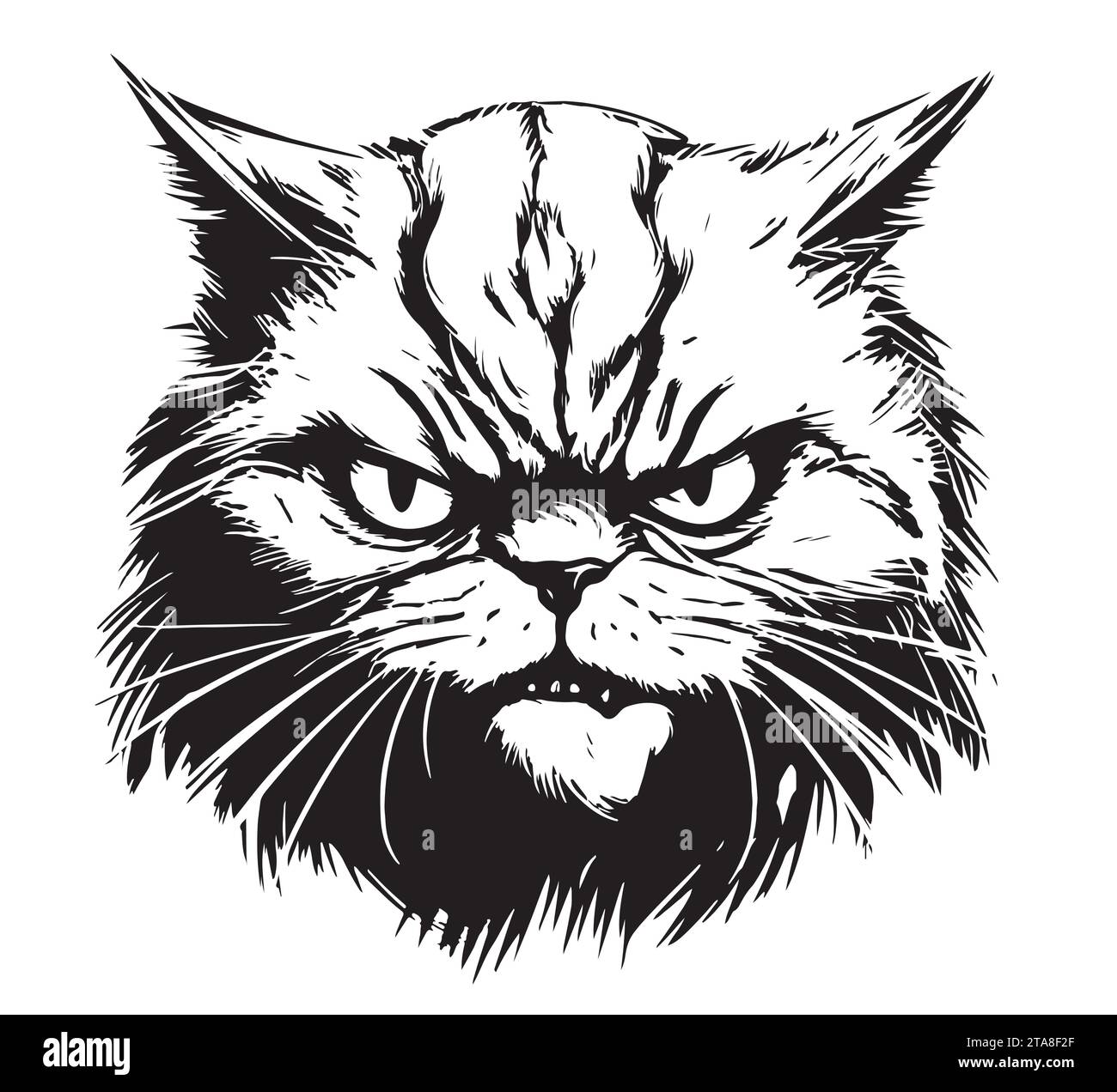 An angry cat ink illustration. Simple monochrome style. Vector drawing