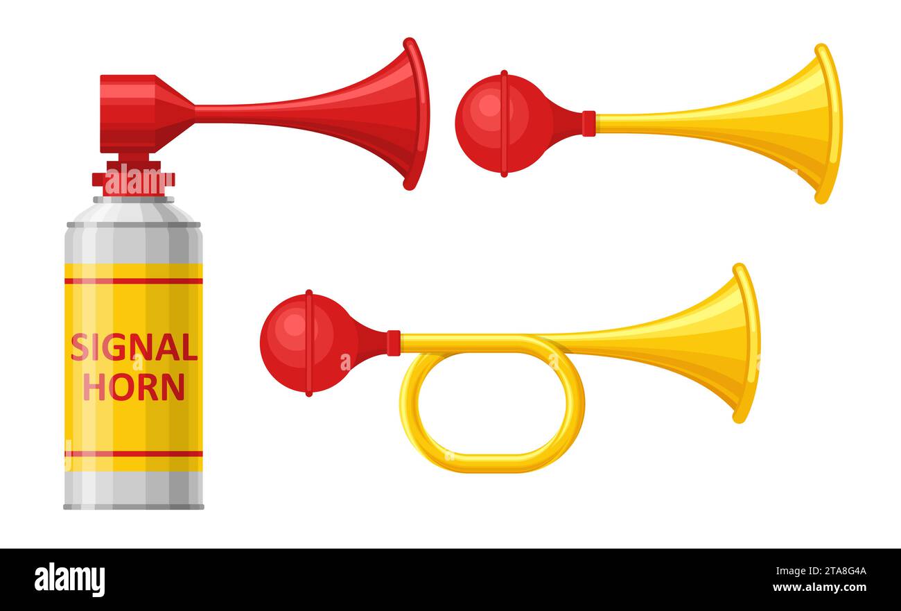 Signal horn set isolated on white background. Air horn, sound signal. Rubber bike klaxon trumpet. Vector illustration. Stock Vector