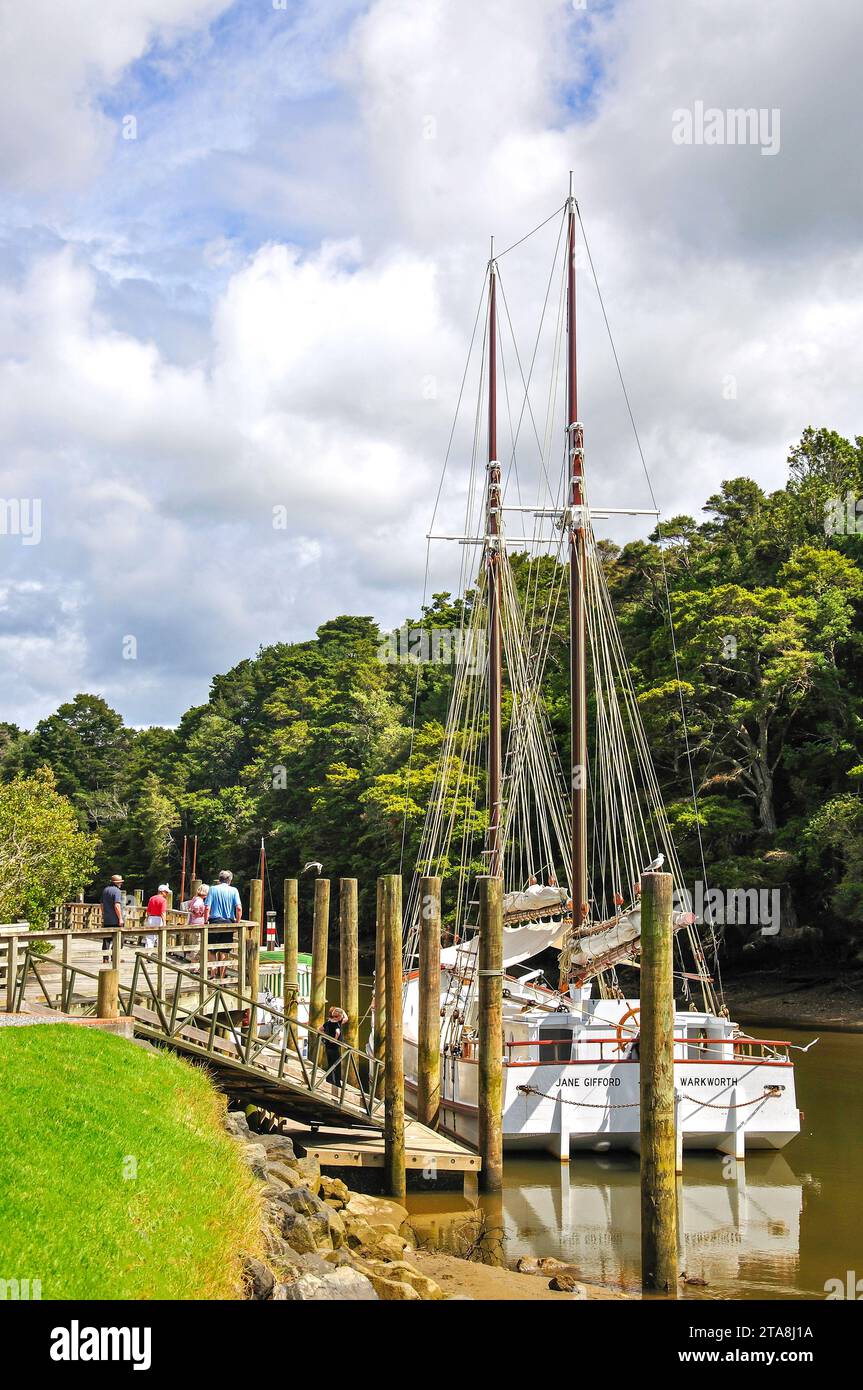 'Jane Gifford' rigged sailing scow moored on Mahurangi River, Warkworth, Auckland Region, North Island, New Zealand Stock Photo