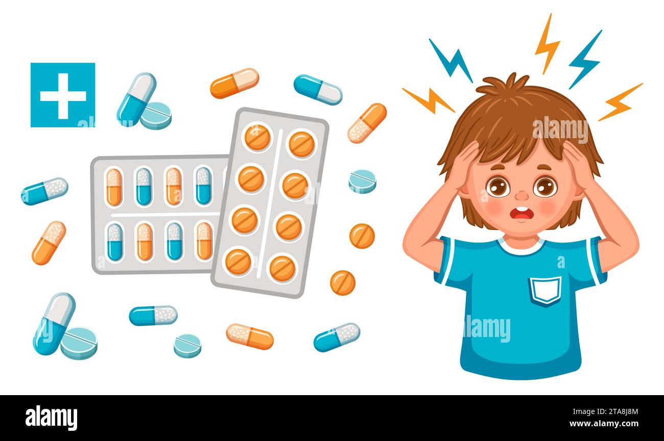 Headache, migraine medicine pharmacy pills. Boy child feel head pain, stress, depression. Medical painkiller tablet. Mental health treatment. Vector Stock Vector