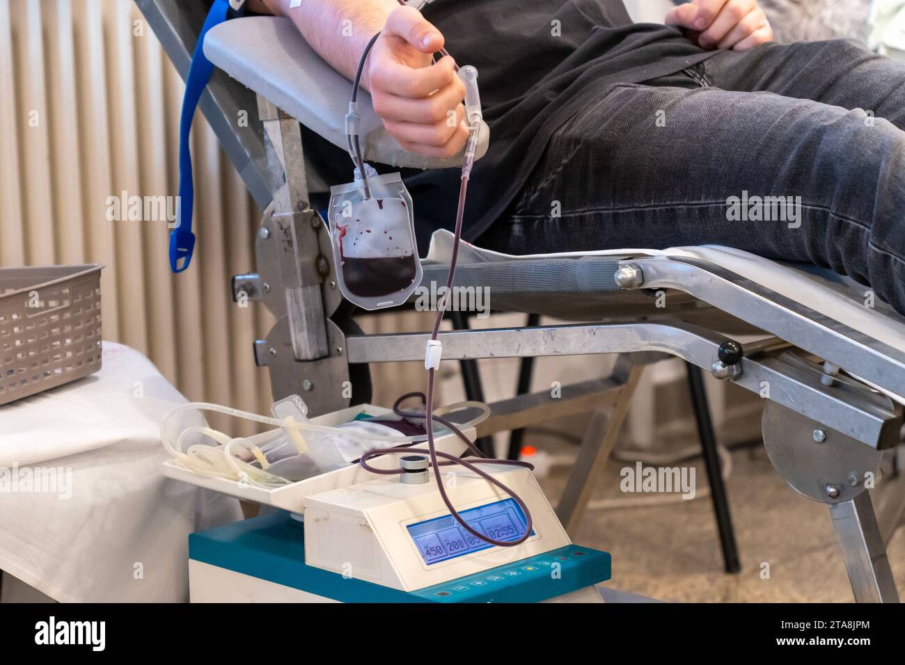 Equipment required for blood collection during a blood donation Stock Photo