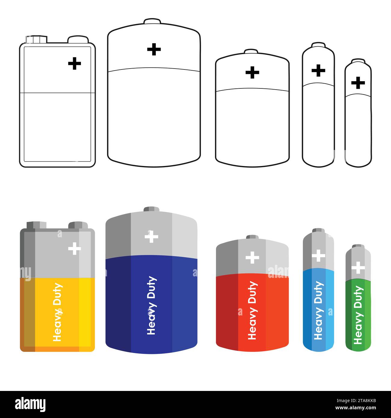 Set Of Batteries Of Different Sizes. AAAA, AAA, D, C And AA