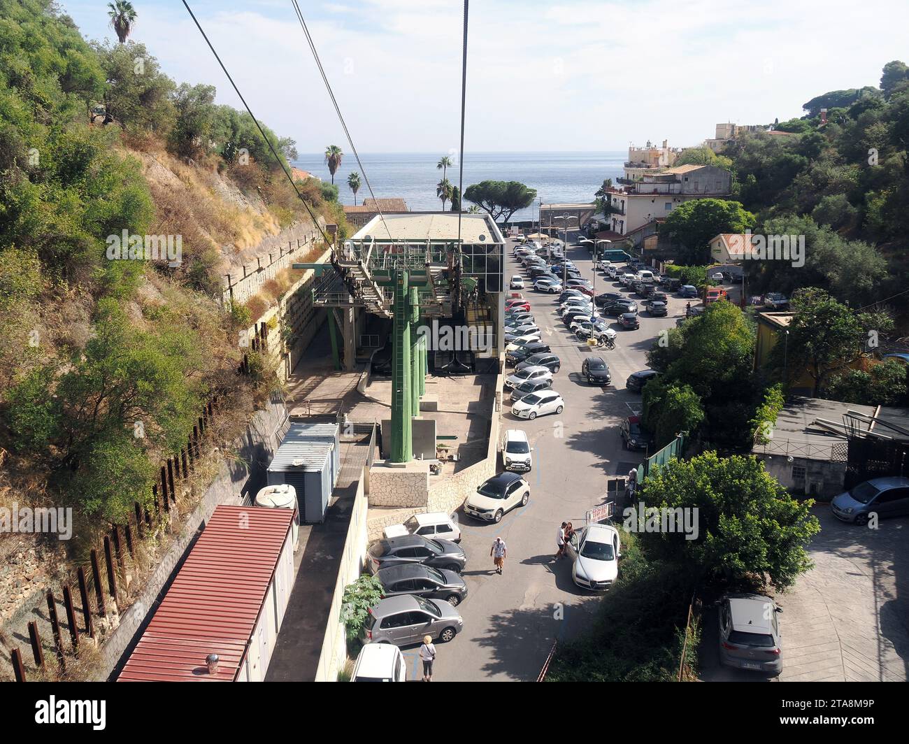 Funivia, cable car, connects the historic center of Taormina to the