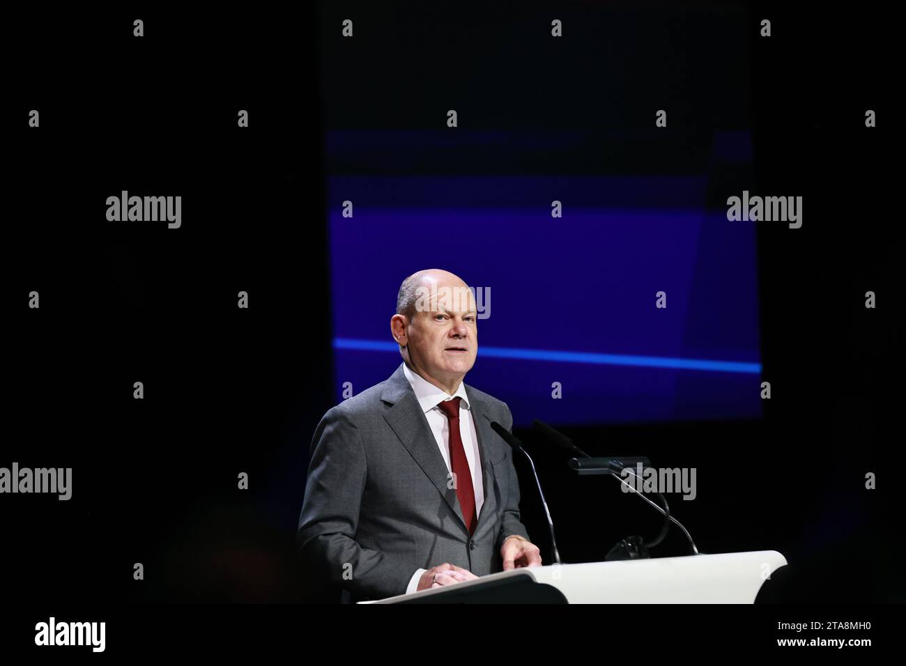 11/29/2023, Berlin, Germany, Chancellor Olaf Scholz (SPD) on stage at the “75 Years of KfW” ceremon in Kraftwerk Berlin. Stock Photo