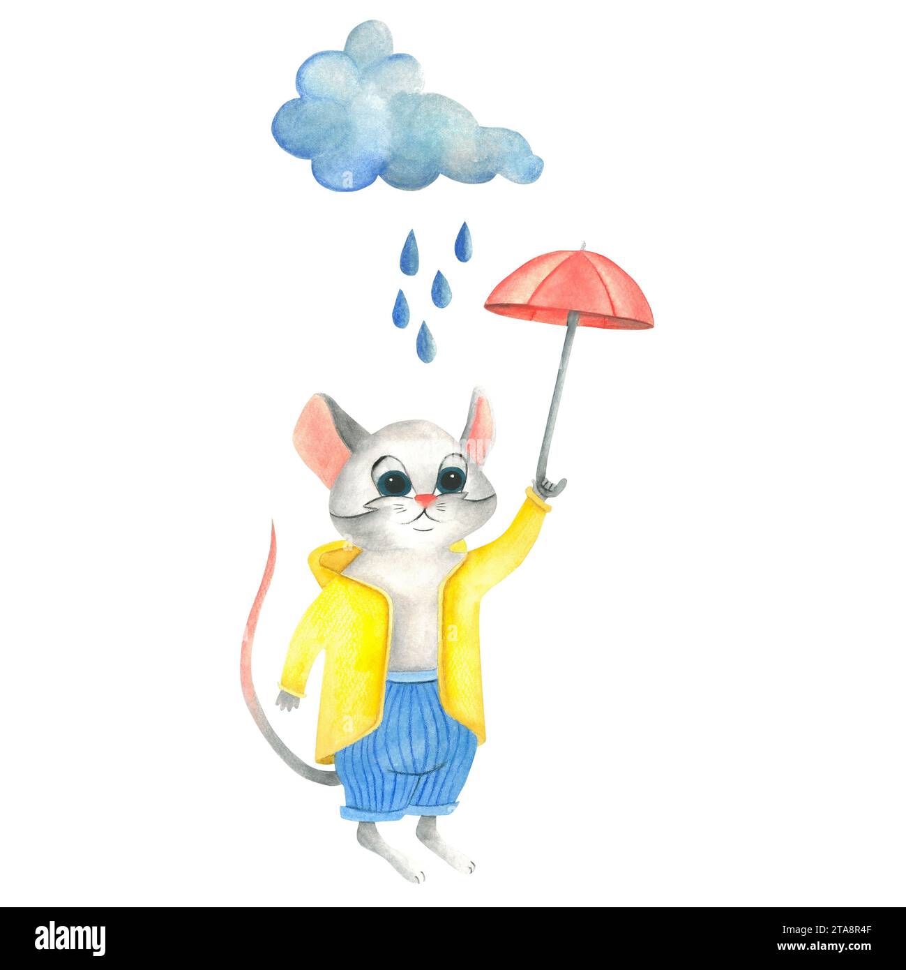 Watercolor composition of a gray mouse in a yellow raincoat and blue pants with an open umbrella. Isolated on a white background, hand drawn Stock Photo