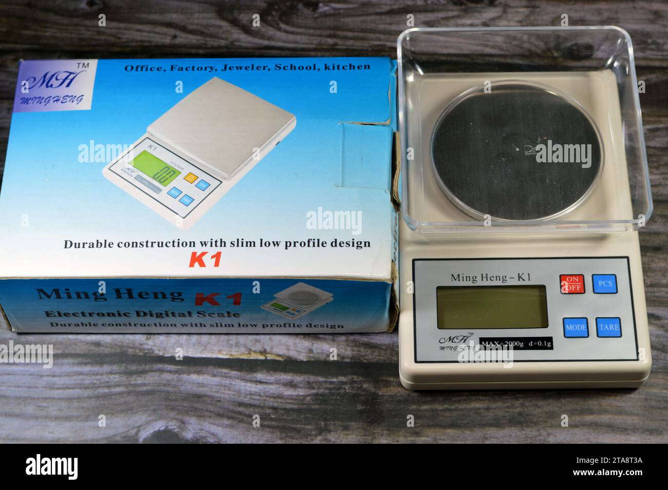 Cairo, Egypt, November 9 2023 A digital Ming Heng K1 scale in grams, electronic digital scale