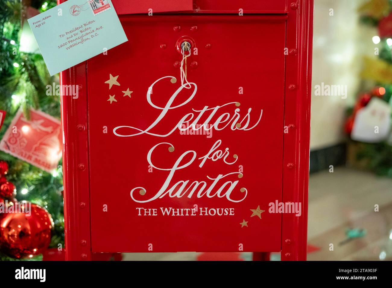 Washington, United States. 26th Nov, 2023. An old fashioned mailbox for letters to Santa Claus at the Ground Floor Corridor as part of the decorations at the annual White House Christmas, November 28, 2023 in Washington, DC The theme is “Magic, Wonder and Joy,” and will welcome approximately 100,000 visitors during the holiday season. Credit: Katie Ricks/White House Photo/Alamy Live News Stock Photo