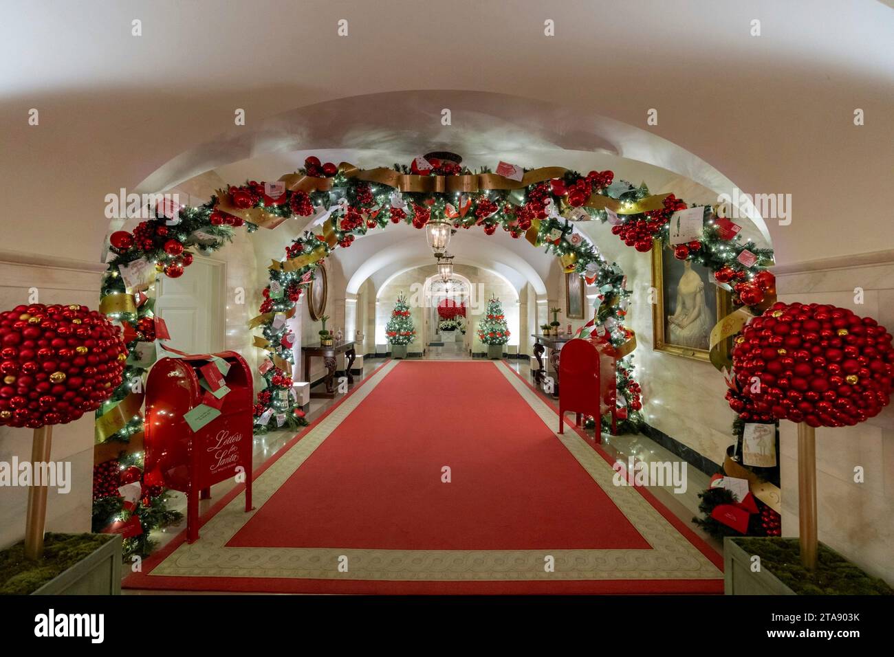 Washington, United States. 26th Nov, 2023. Holiday messages from Americans line the arches of the Ground Floor Corridor as part of the decorations at the annual White House Christmas, November 28, 2023 in Washington, DC The theme is “Magic, Wonder and Joy,” and will welcome approximately 100,000 visitors during the holiday season. Credit: Katie Ricks/White House Photo/Alamy Live News Stock Photo
