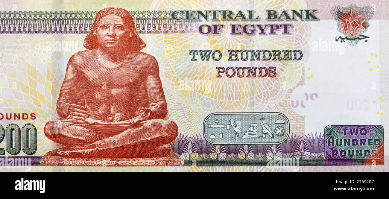 Large fragment of the reverse side of 200 EGP LE two hundred Egyptian pounds banknote series 2023 features The Seated Scribe, selective focus of Egypt Stock Photo