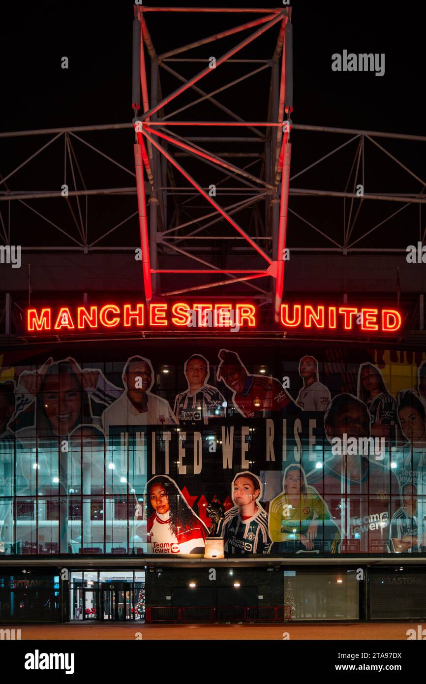 Outside of Manchester United FC at night, Old Trafford, Manchester, UK Stock Photo