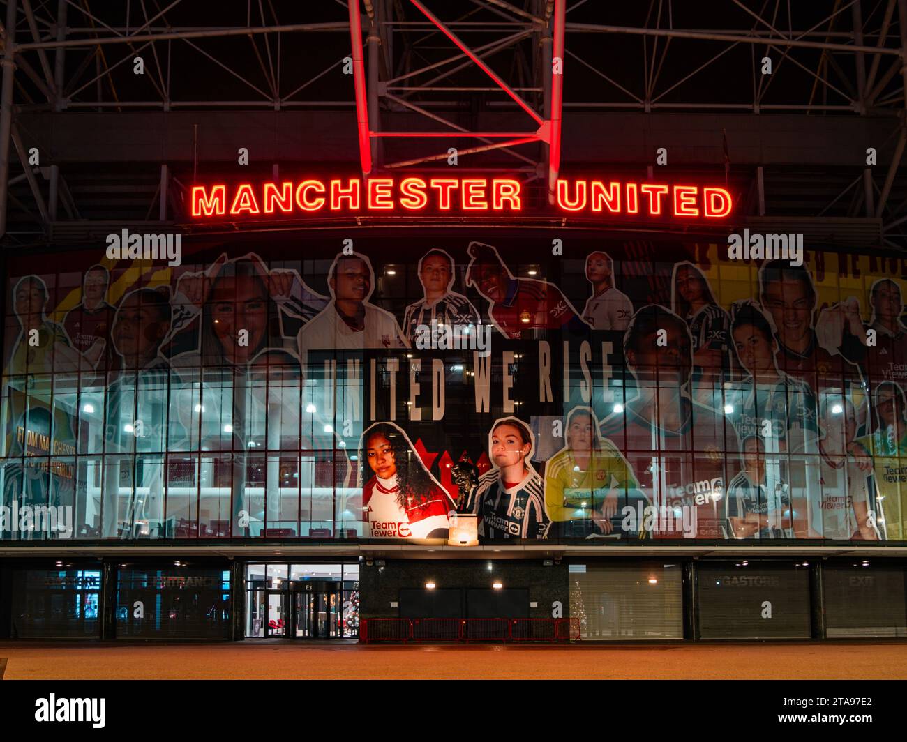 Outside of Manchester United FC at night, Old Trafford, Manchester, UK Stock Photo