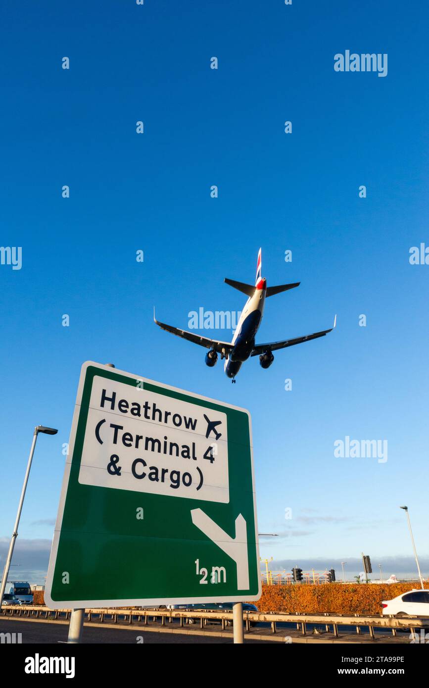 BA airliner jet plane on finals to land at London Heathrow Airport, UK