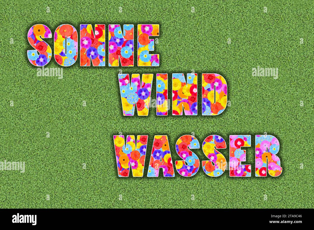 german words Sonne, Wind, Wasser (sun,wind,water) written with flowers ...