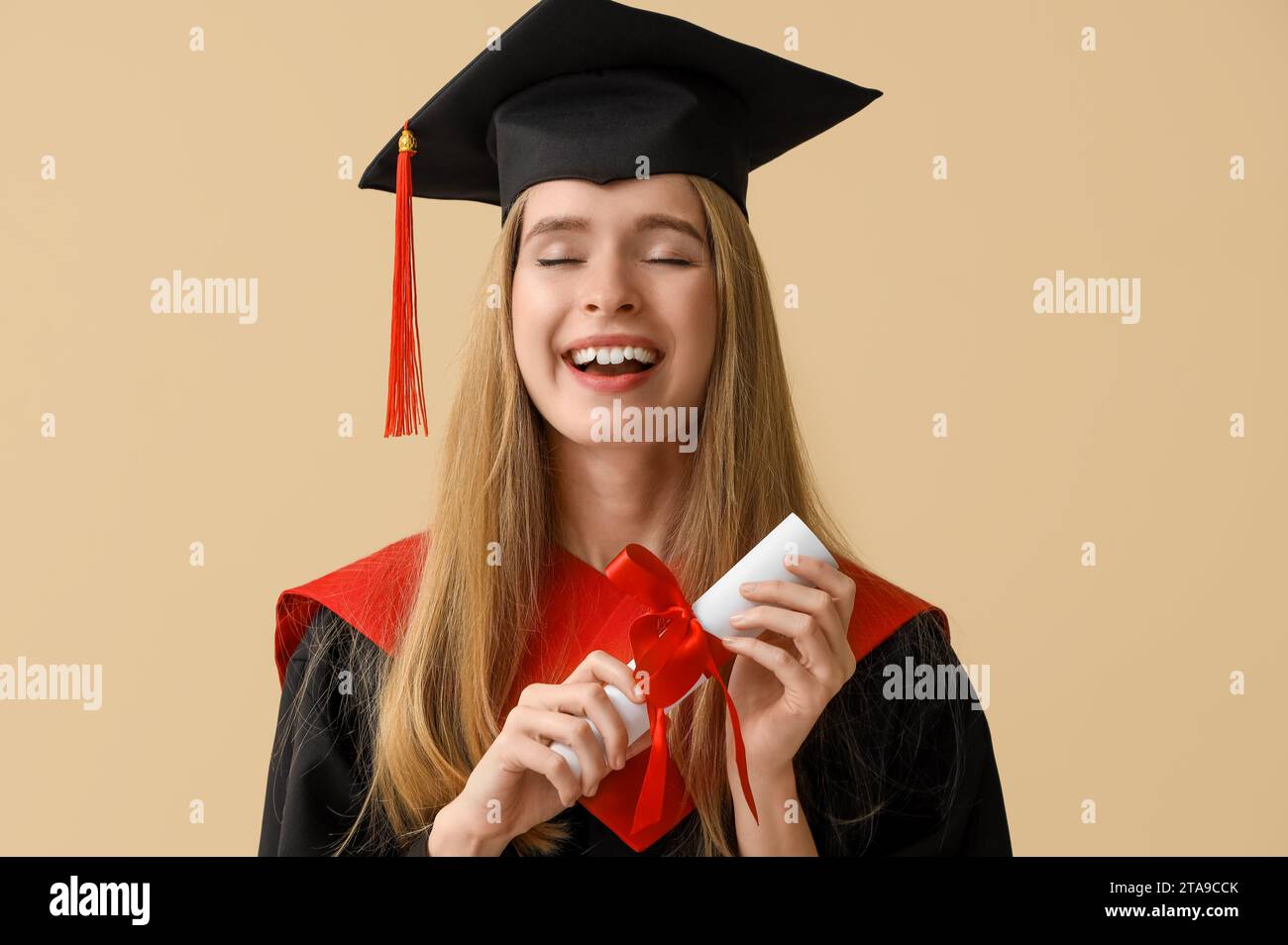 Female graduate student with diploma on beige background, closeup Stock ...