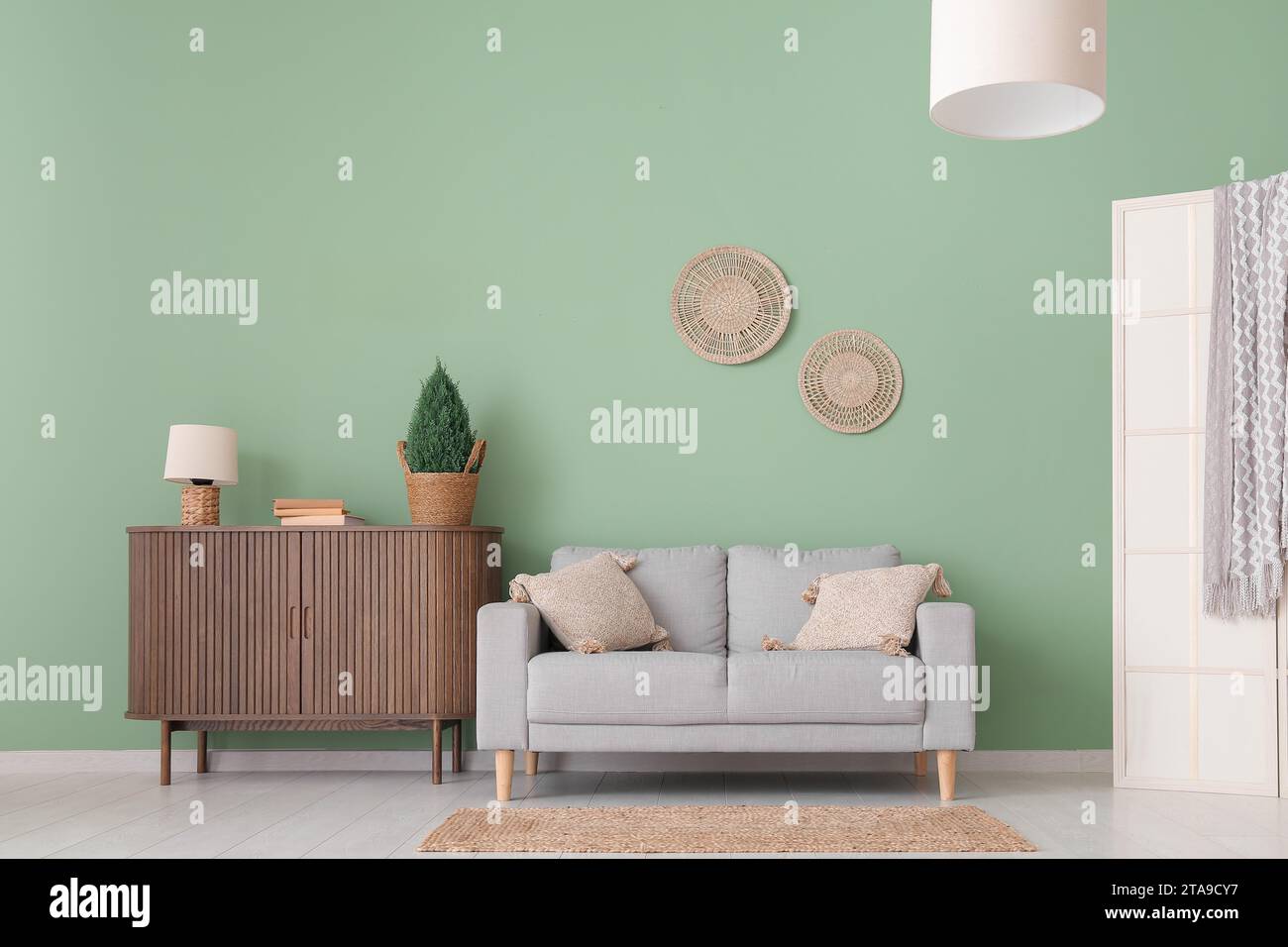 Interior of stylish living room with grey sofa and wooden cabinet Stock