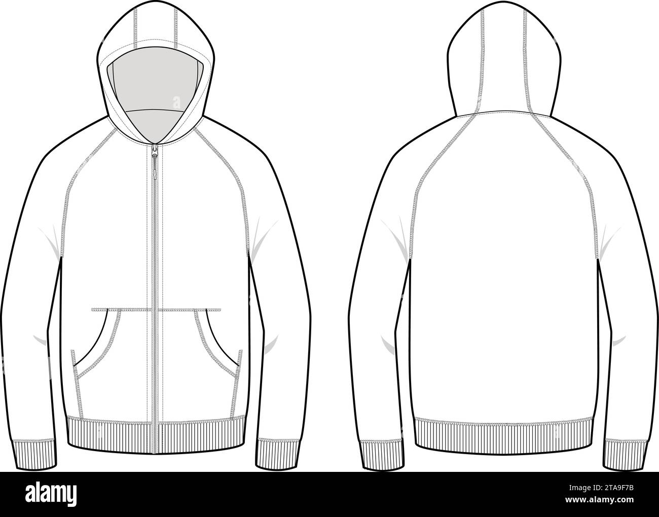 Hooded cotton fleece sweater technical fashion illustration with long sleeves. Flat apparel template front, back, blank. Women, men, unisex CAD mockup Stock Vector
