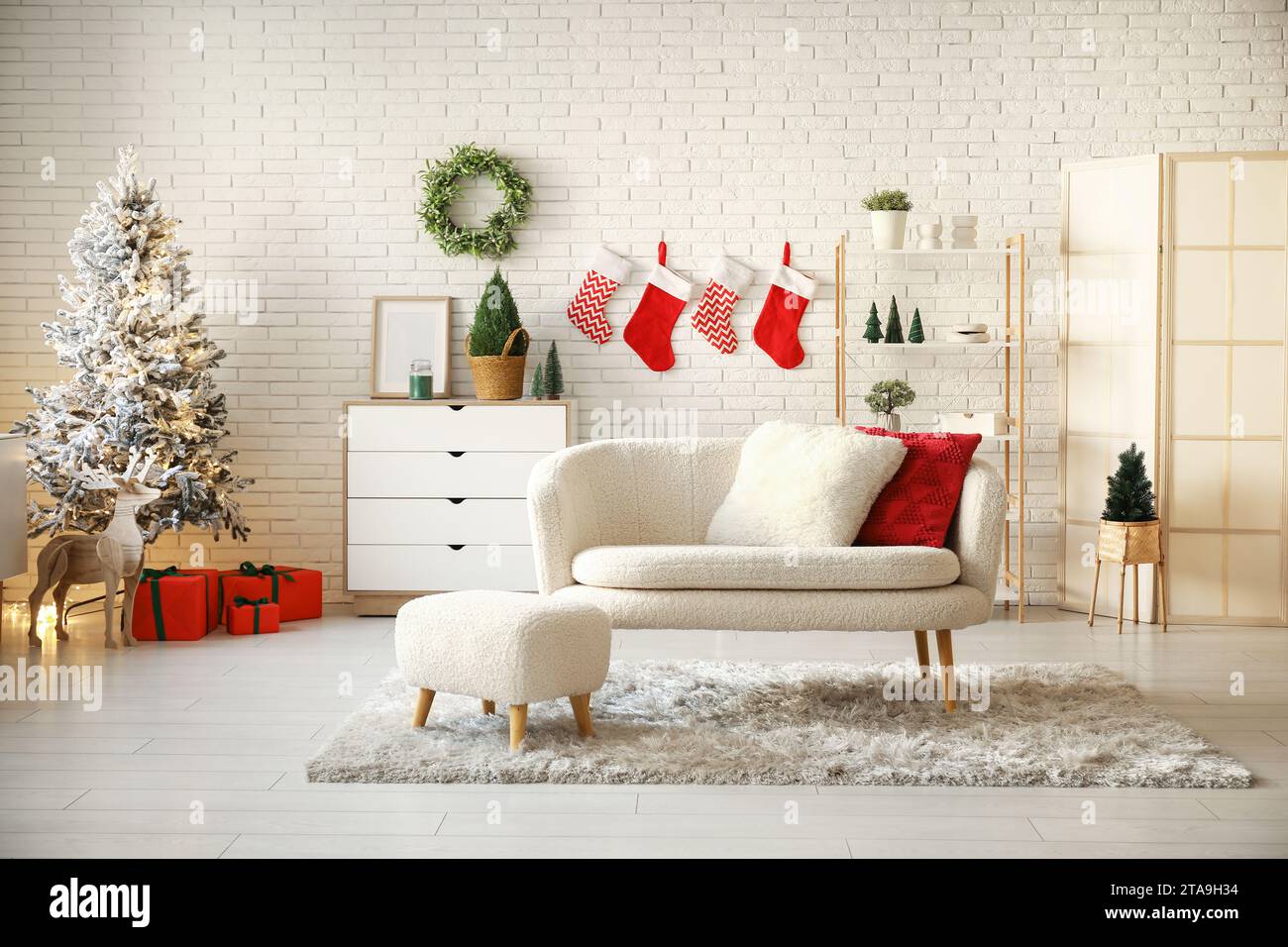 Cozy Christmas Living Room Interior With Festive Decorations Stock