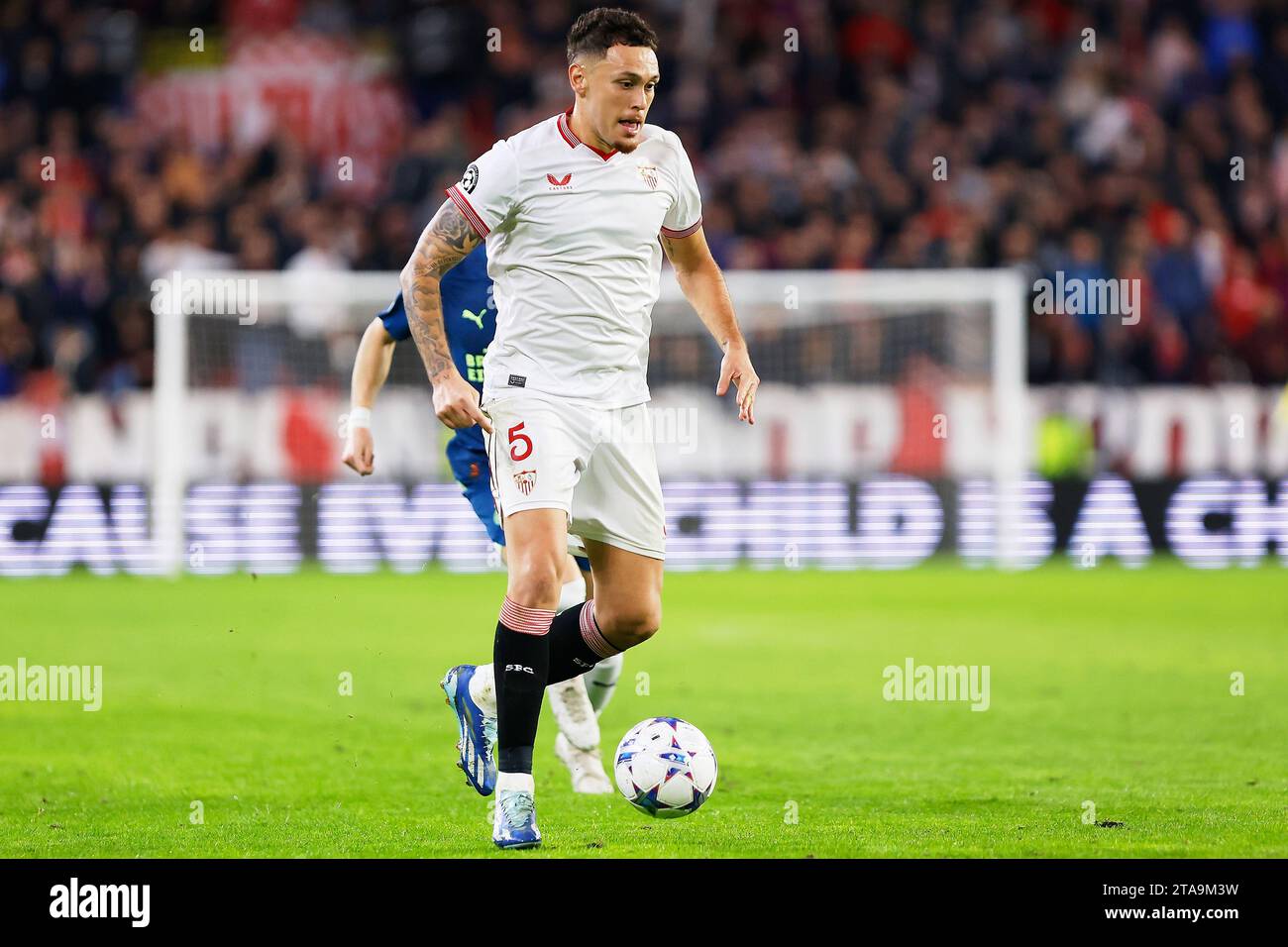 Seville, Spain. 29th Nov, 2023. Lucas Ocampos (5) of Sevilla FC seen during the UEFA Champions League match between Sevilla FC and PSV Eindhoven at Estadio Ramon Sanchez Pizjuan in Seville. (Photo Credit: Gonzales Photo/Alamy Live News Stock Photo