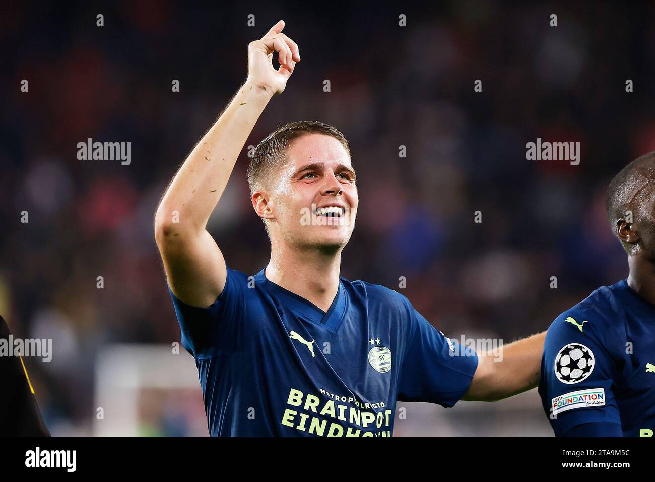 Seville, Spain. 29th Nov, 2023. Joey Veerman (23) of PSV Eindhoven celebrating after during the UEFA Champions League match between Sevilla FC and PSV Eindhoven at Estadio Ramon Sanchez Pizjuan in Seville. (Photo Credit: Gonzales Photo/Alamy Live News Stock Photo