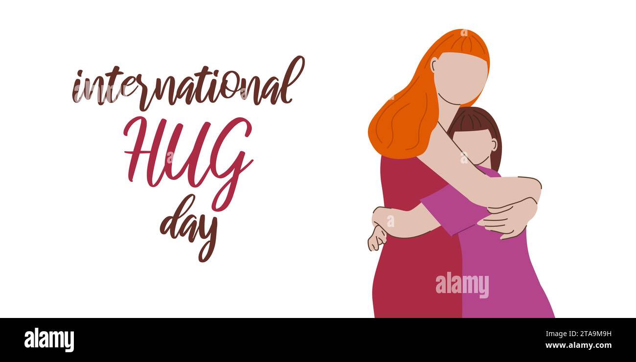 International Hug Day illustration with two people. Mom and daughter hug. Banner template