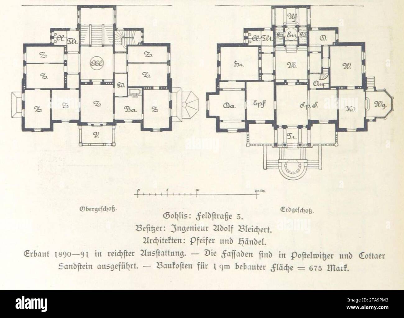 Villa Hilda (Leipzig, Lützowstraße 19) Adolf Bleichert (Pfeifer & Händel) Grundriss - leipzig und seine bauten (1892), S. 376. Stock Photo