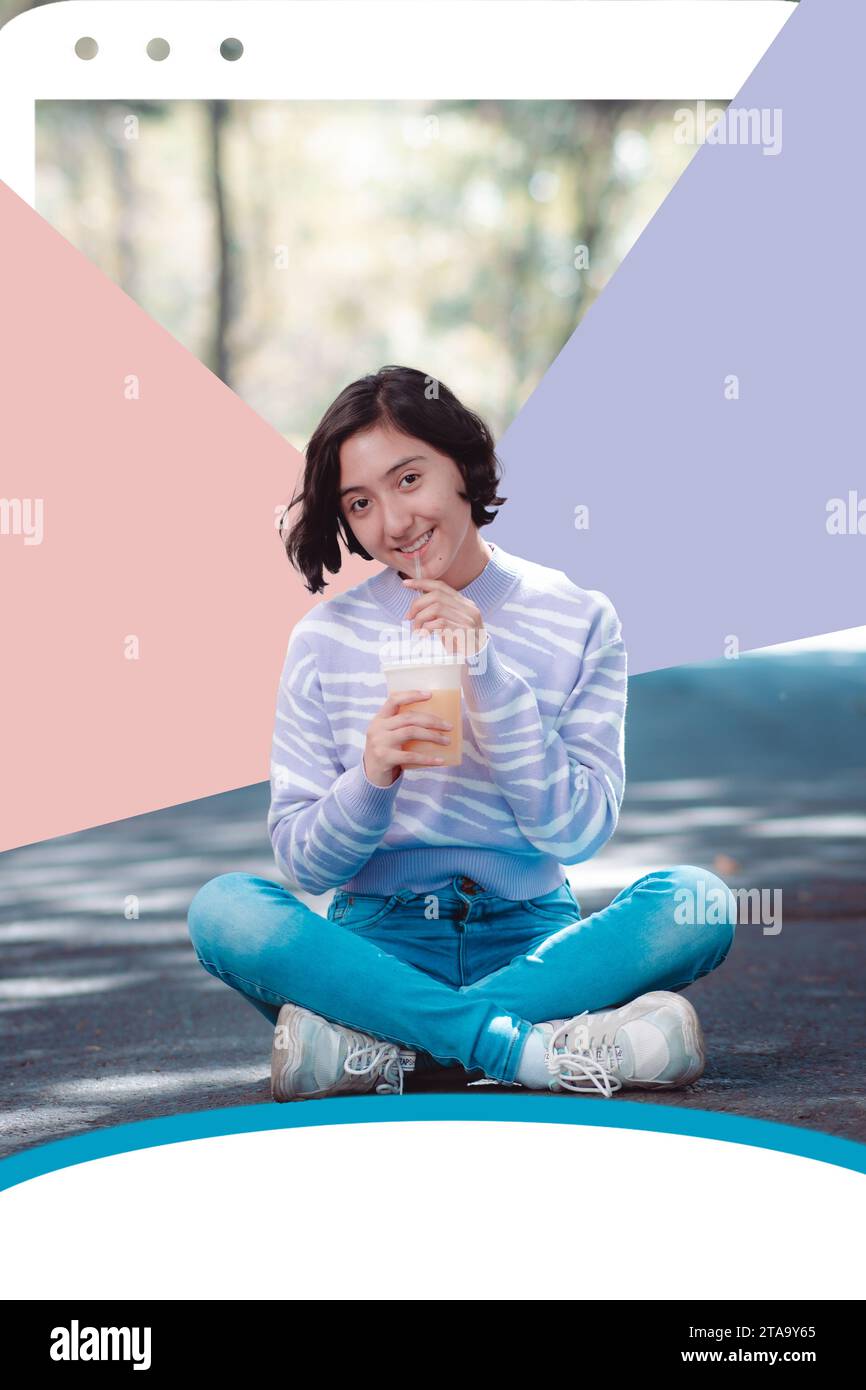 Creative photo, collage illustration of a girl, she is sitting and looking at the camera, you have free space for text. Stock Photo