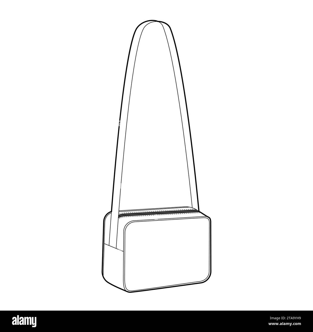 Cross-Body Box Bag silhouette bag. Fashion accessory technical illustration. Vector satchel front 3-4 view for Men, women, unisex style, flat handbag CAD mockup sketch outline isolated Stock Vector