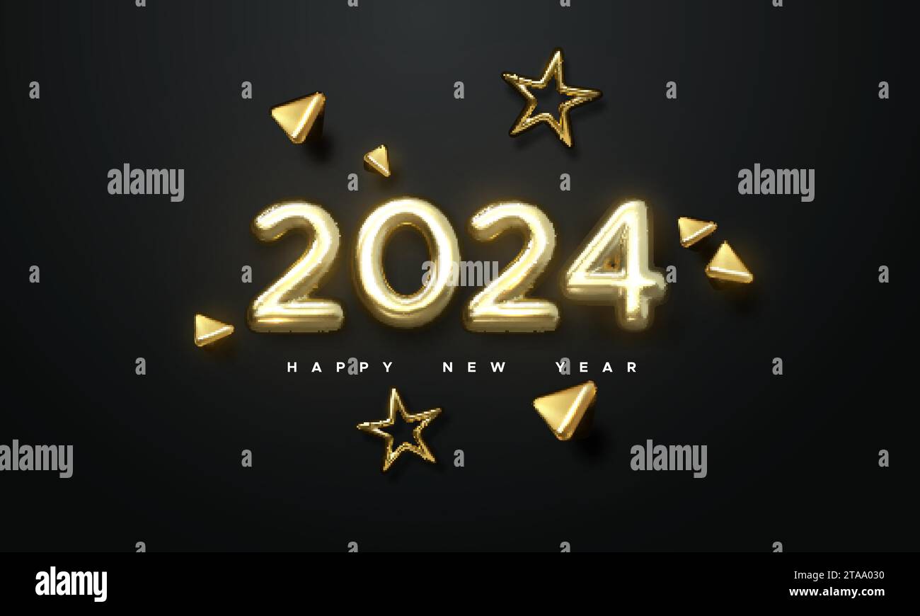 Happy New 2024 Year. Holiday vector illustration of golden metallic