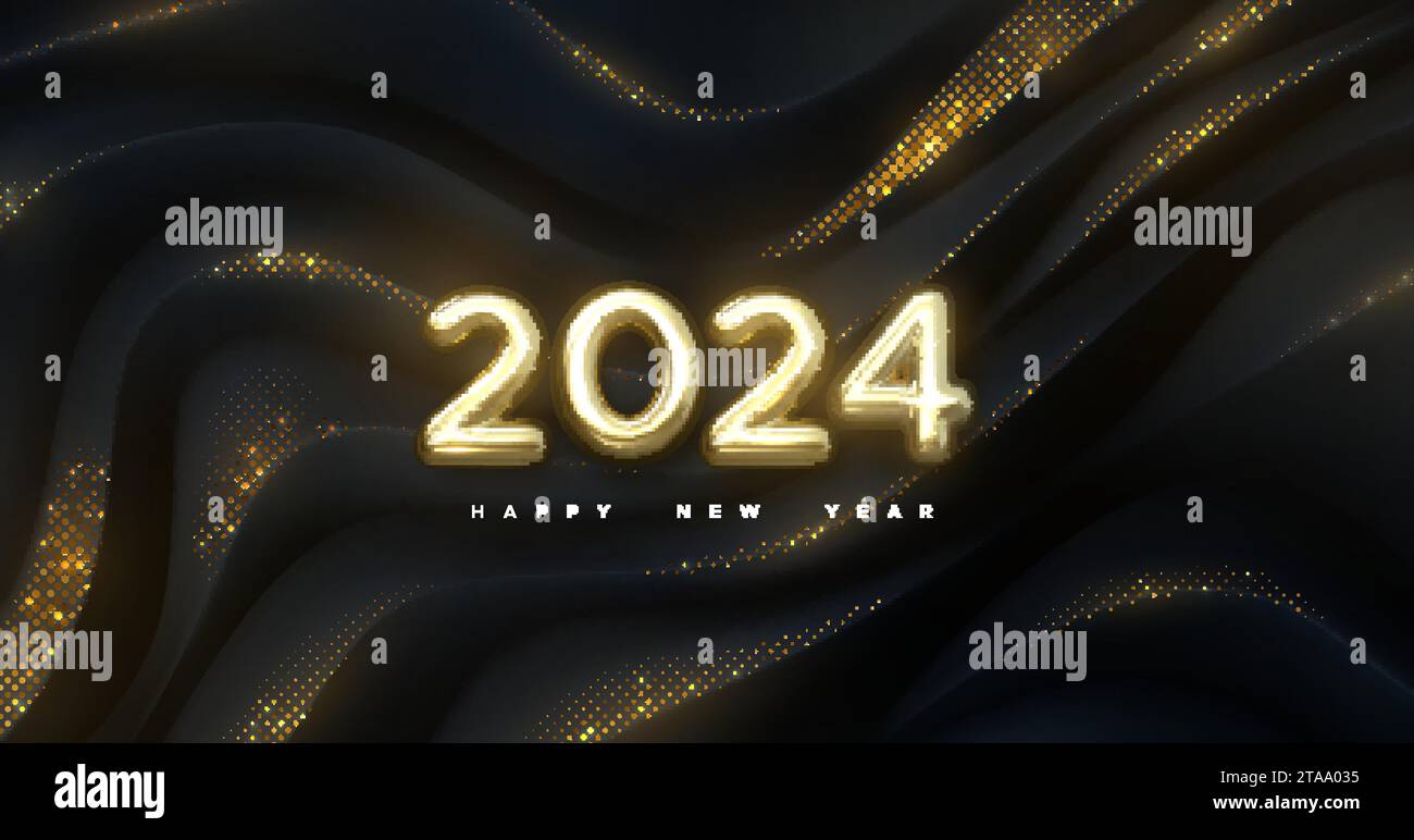 Golden numbers 2024 on black geometric background with glitters. Happy