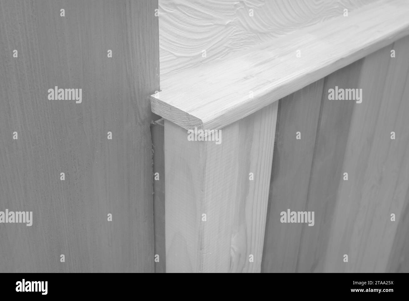 Wooden colored boards corner joint interior decor material decoration design grey. Stock Photo