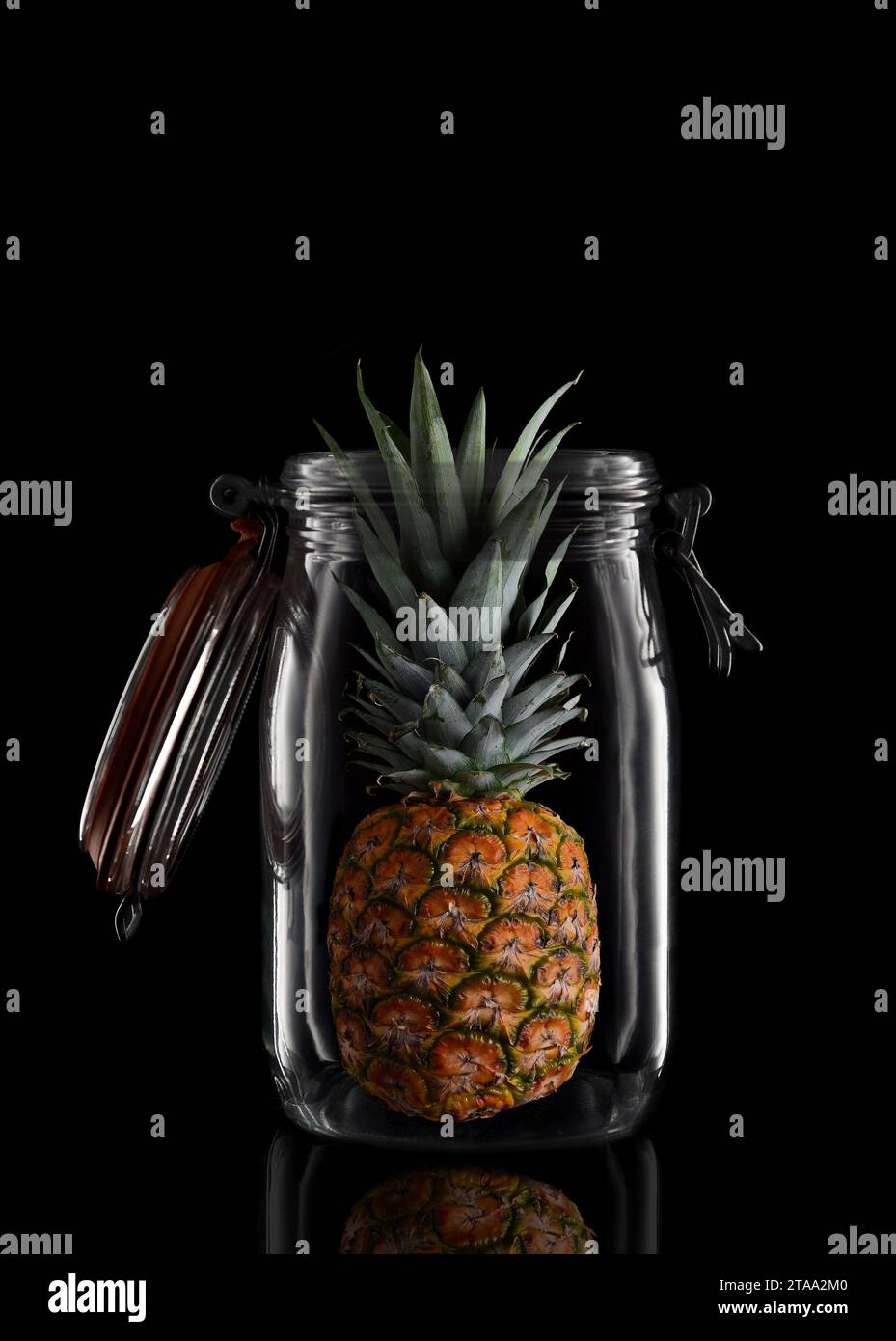A whole Pineapple in a glass storage or canning jar isolated on black with reflection, with lid open. Stock Photo