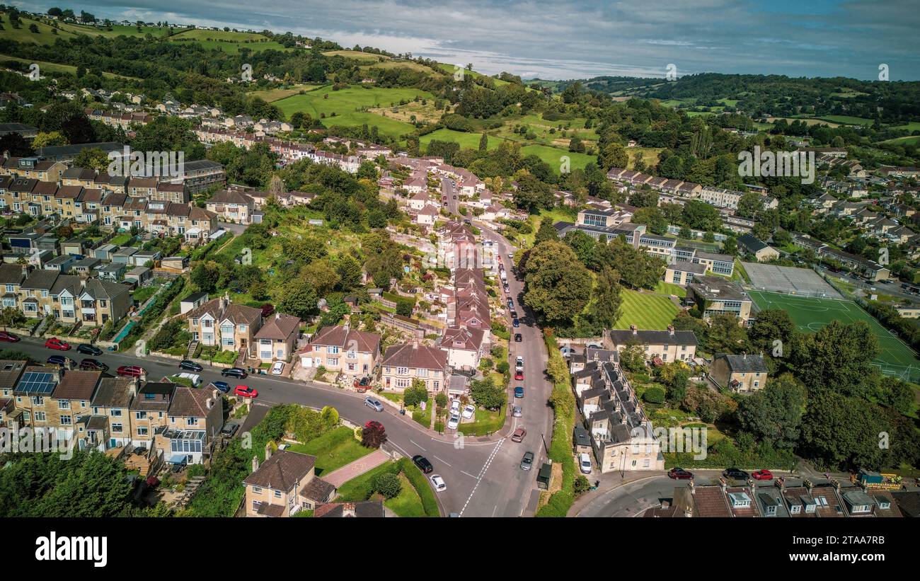 Aerial drone view of part of Bay Tree Road, situated in between the Larkhall and Fairfield Park part of Bath UK. Stock Photo
