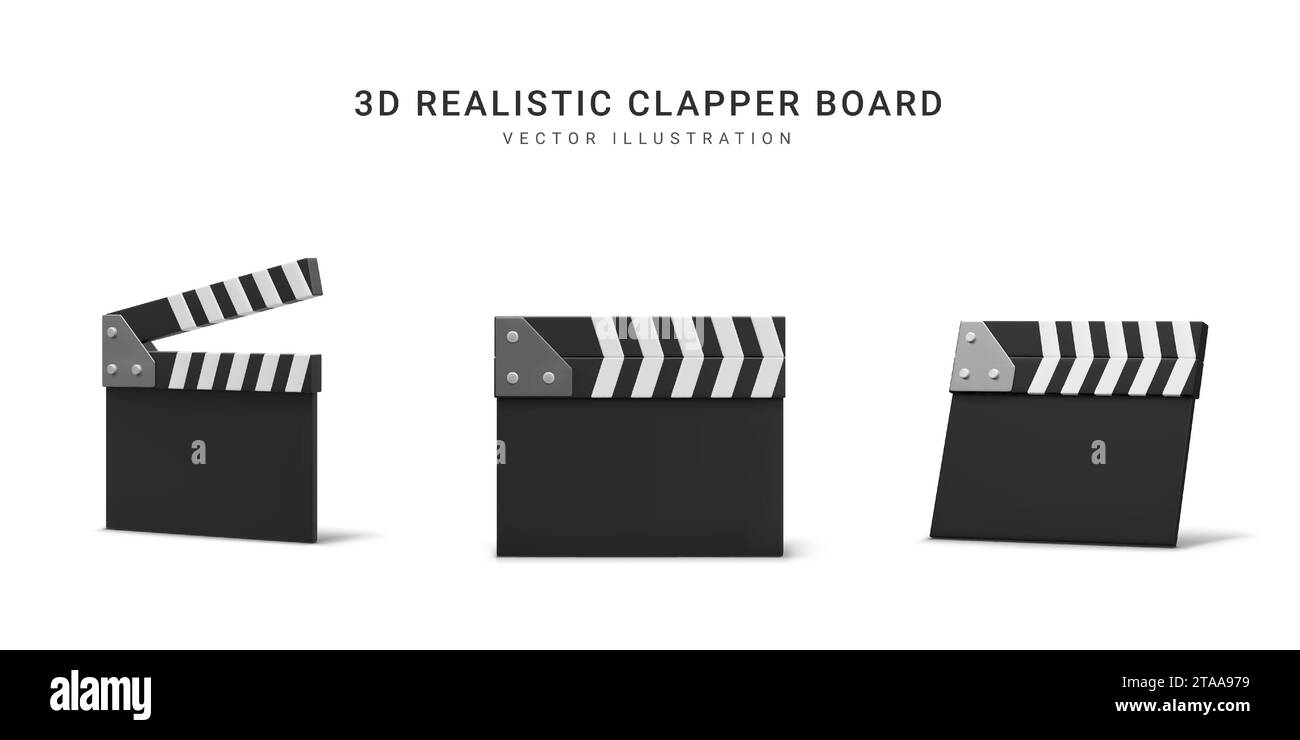 Set of 3d realistic clappers boards isolated on white background