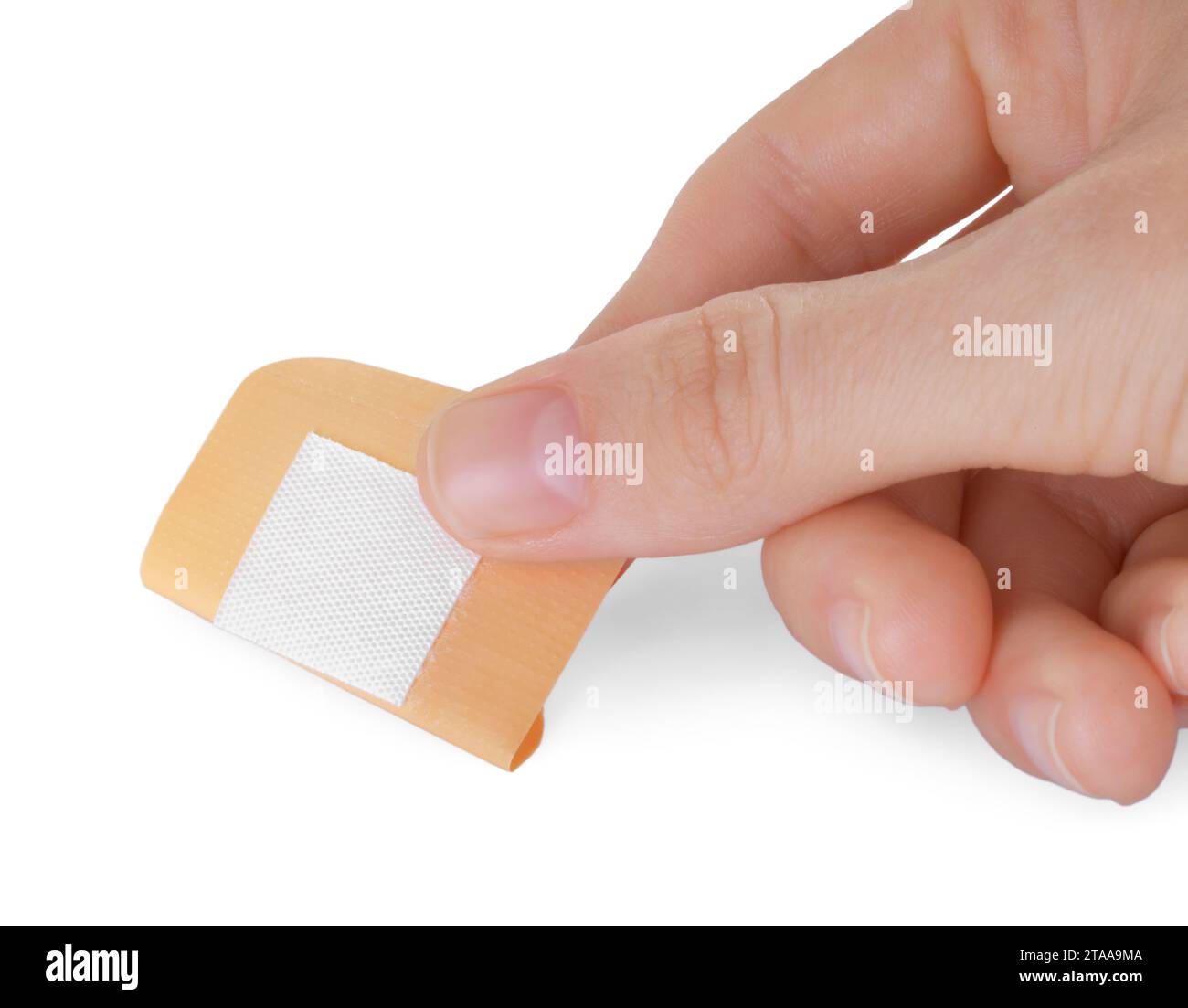 Doctor wrapping bandage around young woman's chest on white background,  closeup Stock Photo