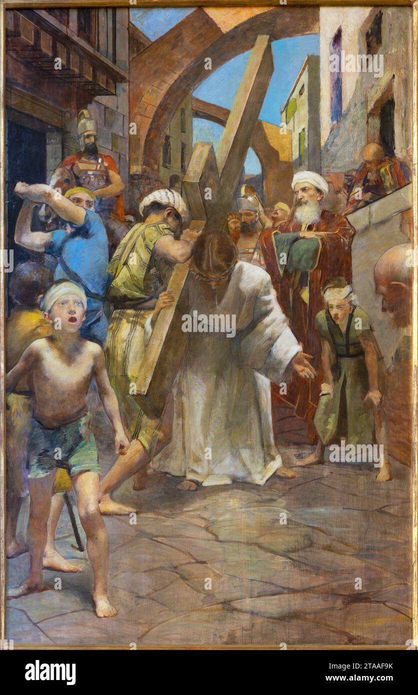 TREVISO, ITALY - NOVEMBER 8, 2023: The painting  Simon of Cyrene helps Jesus carry the cross as part of Cross way stations in the Cathedral Stock Photo