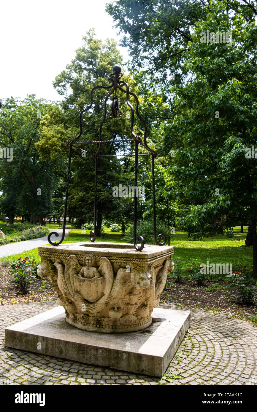 Antique fountain in the garden at the Karolyi Castle in Carei, Romania Stock Photo