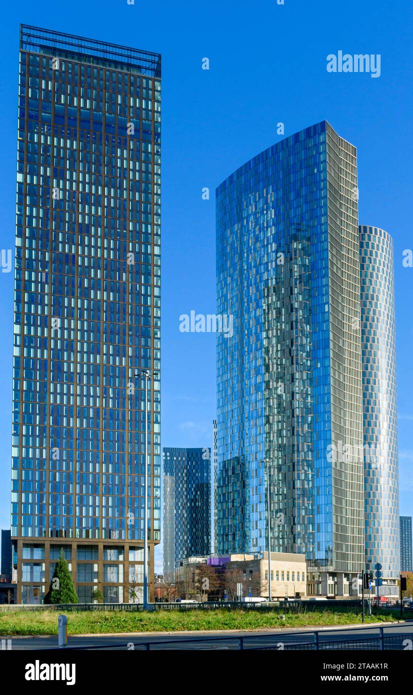 The Elizabeth Tower, The Blade, and the Three60, apartment blocks, Crown Street, Manchester, England, UK Stock Photo